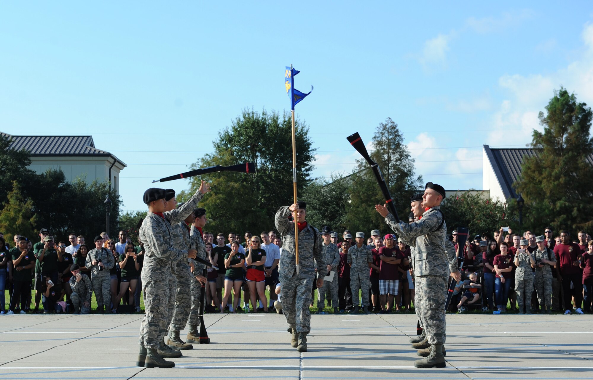 Members of the 336th Training Squadron freestyle drill team perform during the 81st Training Group drill down at the Levitow Training Support Facility drill pad Sept. 9, 2016, on Keesler Air Force Base, Miss. The 336th TRS “Red Wolves” placed first in freestyle, and third in regulation and overall. (U.S. Air Force photo by Kemberly Groue/Released)