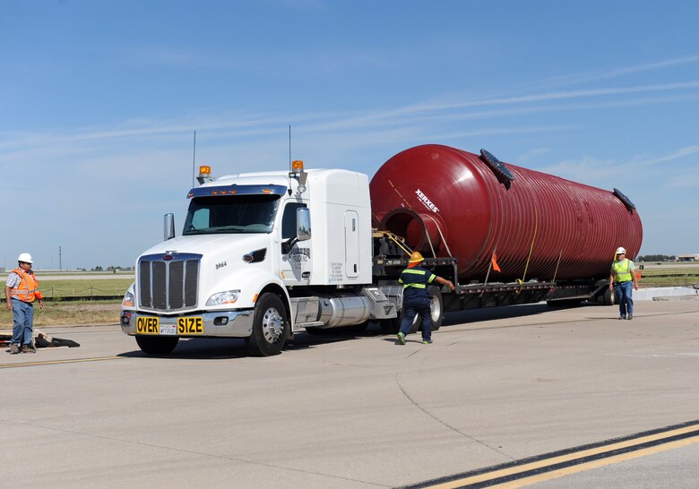 De-icing tanks arrive at McConnell Air Force Base, Kan., Sept. 12, 2016, in preparation for the KC-46 Pegasus arrival. The tanks were driven from Los Angeles and dropped off at the McConnell flightline before the start of the winter season. (U.S. Air Force photo/Senior Airman David Bernal Del Agua)