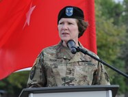 Maj. Gen. Margaret W. Boor, outgoing commander of the Army Reserve’s 99th Regional Support Command, speaks during her change-of-command ceremony Sept. 10 outside command headquarters on Joint Base McGuire-Dix-Lakehurst, New Jersey. Boor is also retiring with 40 years of service to the U.S. Army.