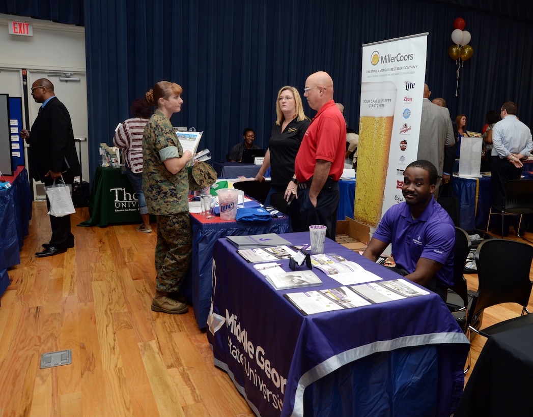 The prospects of career and education opportunities prompt dozens of active-duty service members and civilians to attend the 4th annual Career & Education Fair held at Marine Corps Logistics Base Albany’s Conference Center, Building 7120, Sep. 14. Representatives from roughly 35 “military friendly” organizations and educational institutions around the region traveled near and far in efforts to promote their agencies and to recruit qualified candidates at the event.
