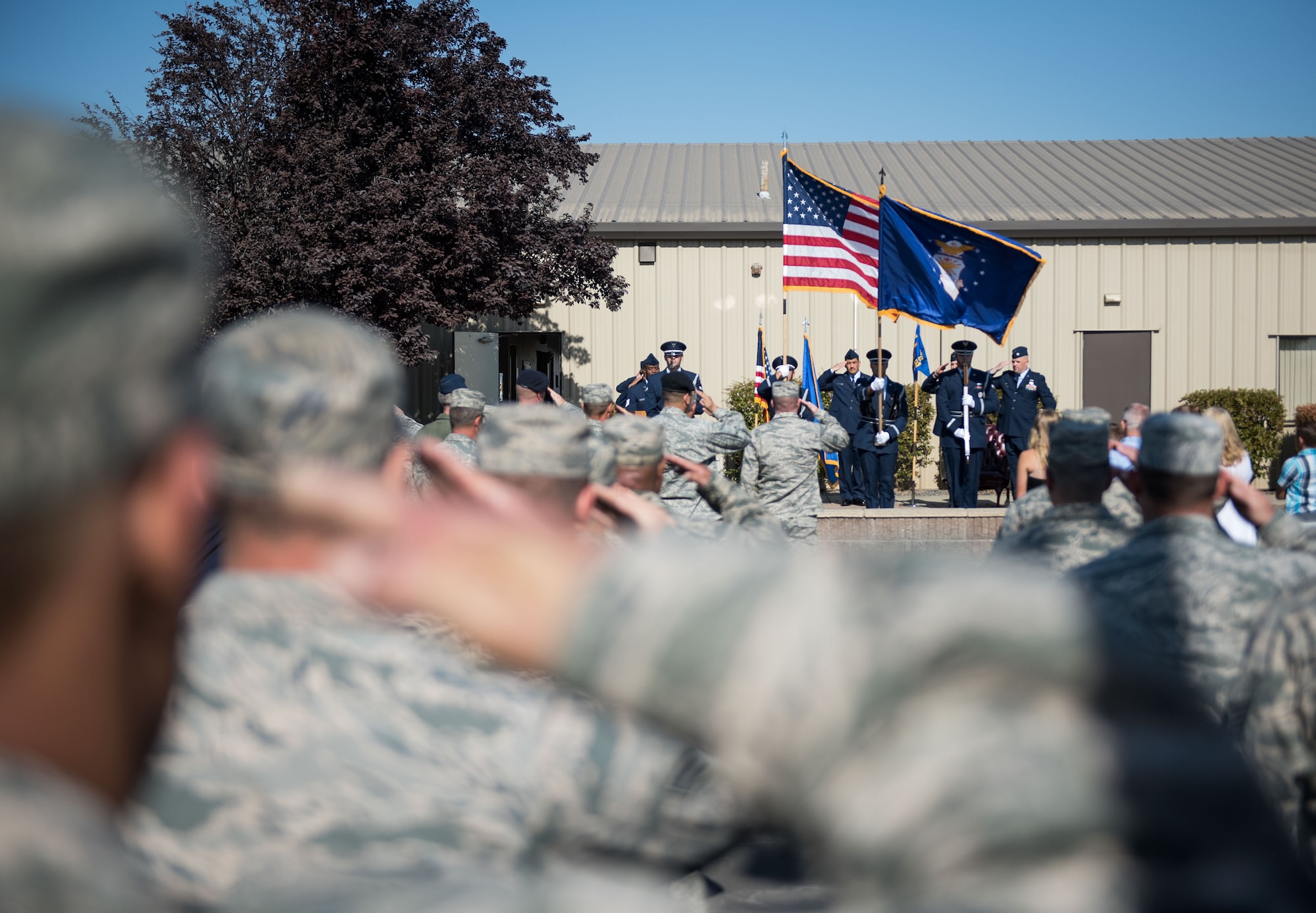 The Beale Air Force Base Honor Guard presents the Colors during the playing of the National Anthem at the 940th Civil Engineer Squadron’s assumption of command ceremony Sept. 11, 2016, at Beale Air Force Base, California. During the ceremony, Lt. Col. Bradley G. King took command of the 940 CES. (U.S. Air Force photo by Staff Sgt. Brenda Davis)