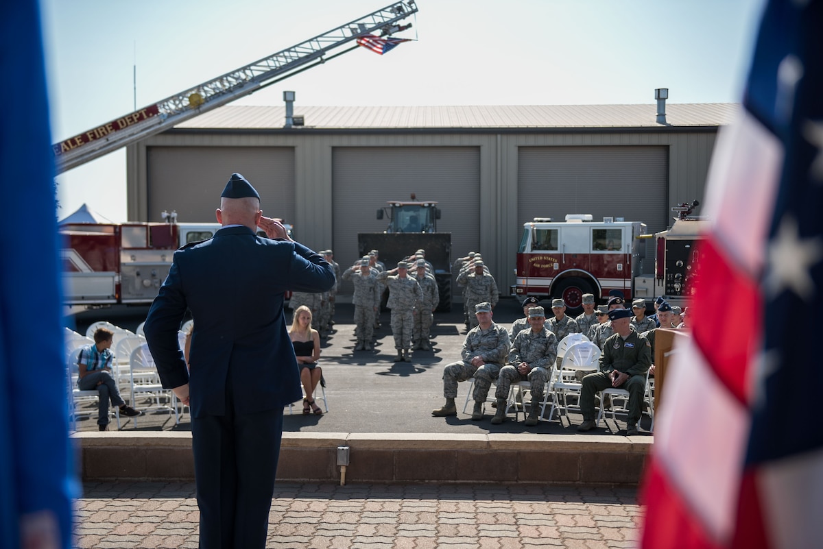 Lt. Col. Bradley G. King, 940th Civil Engineer Squadron commander, gives his first salute to members of the squadron Sept. 11, 2016, at Beale Air Force Base, California. The 940 CES is the first civil engineer squadron startup in over 20 years in the Air Force Reserve Command. (U.S. Air Force photo by Staff Sgt. Brenda Davis)