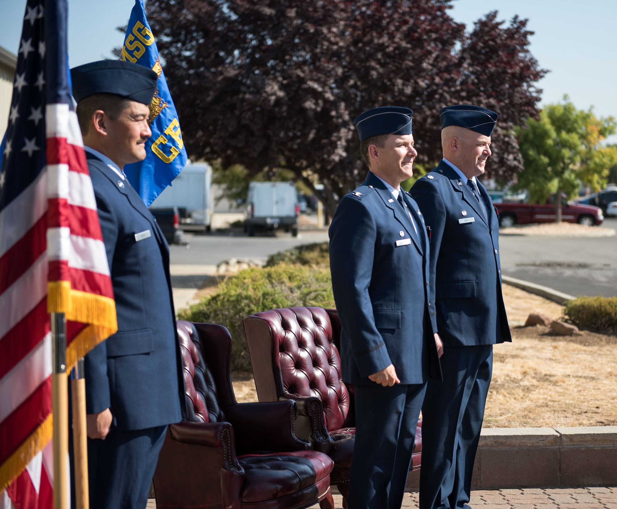 Chief Master Sgt. David Saito, Col. Roderick T. Grunwald and Lt. Col. Bradley G. King stand during an assumption of command ceremony Sept. 11, 2016, at Beale Air Force Base, California. The ceremony welcomed King as the commander of the 940th Civil Engineer Squadron. (U.S. Air Force photo by Staff Sgt. Brenda Davis)