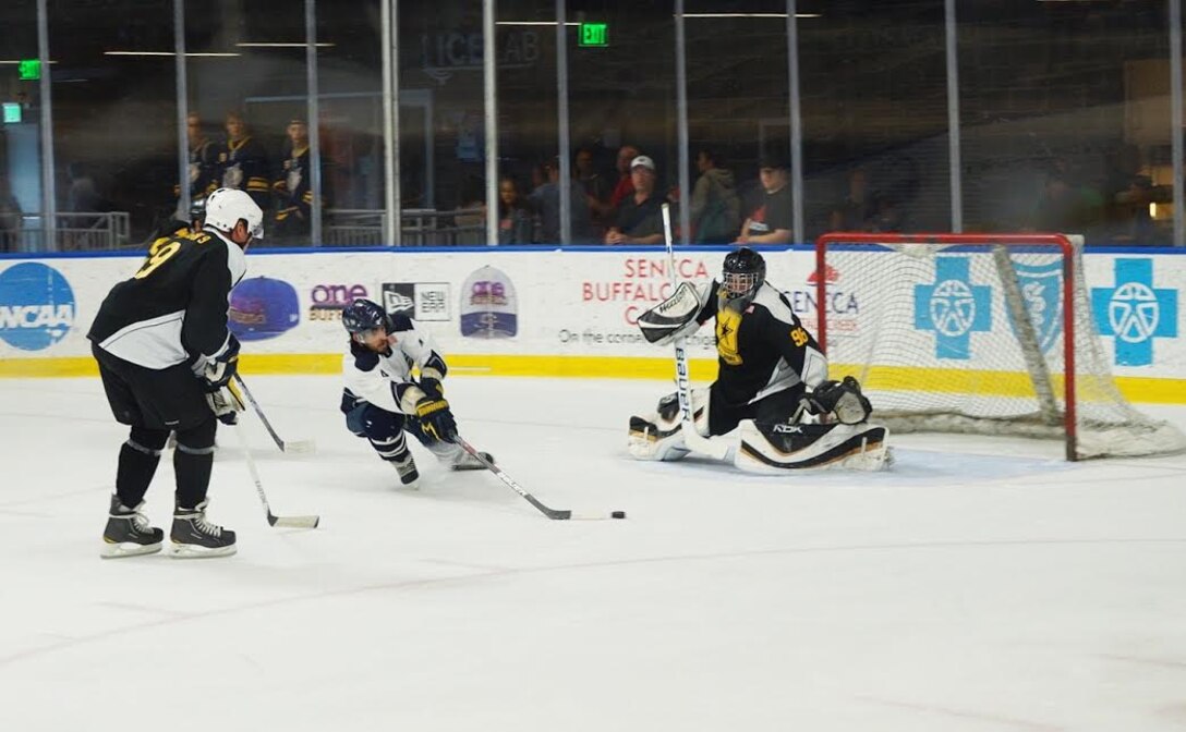 Members of the 914th Airlift Wing and the 107th Attack Wing participate in the William C. Sager, Jr. Air Force vs. Army Memorial Hockey Game, Saturday, September 10, 2016 in Buffalo, NY. The game was held in remembrance of Tech. Sgt. Bill Sager, a former member of the 107th AW. (U.S. photo by Staff Sgt. Richard Mekkri)