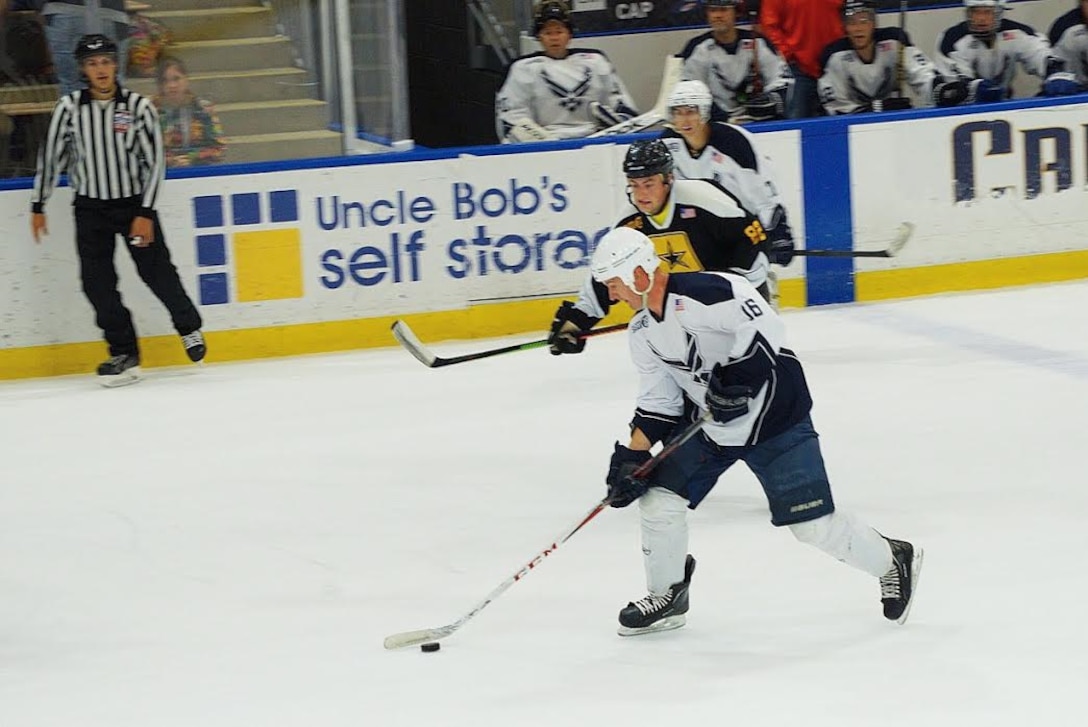 Members of the 914th Airlift Wing and the 107th Attack Wing participate in the William C. Sager, Jr. Air Force vs. Army Memorial Hockey Game, Saturday, September 10, 2016 in Buffalo, NY. The game was held in remembrance of Tech. Sgt. Bill Sager, a former member of the 107th AW. (U.S. photo by Staff Sgt. Richard Mekkri)