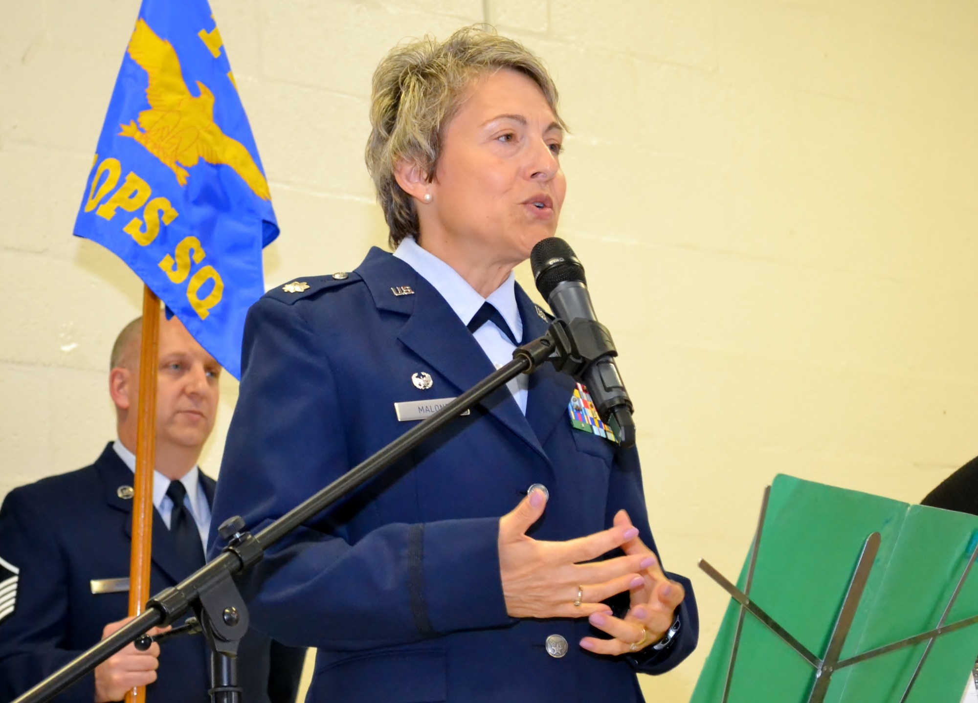 Newly-appointed 112th Cyberspace Operations Squadron Commander Lt. Col. Claudia Malone addresses the audience during her assumption of command held at the 111th Attack Wing headquarters building here Sept. 10, 2016. The 112th COS mission operates on both a state and federal front, providing cyber support for a multitude of platforms based upon the area of responsibility. (U.S. Air National Guard photo by Tech. Sgt. Andria Allmond)
