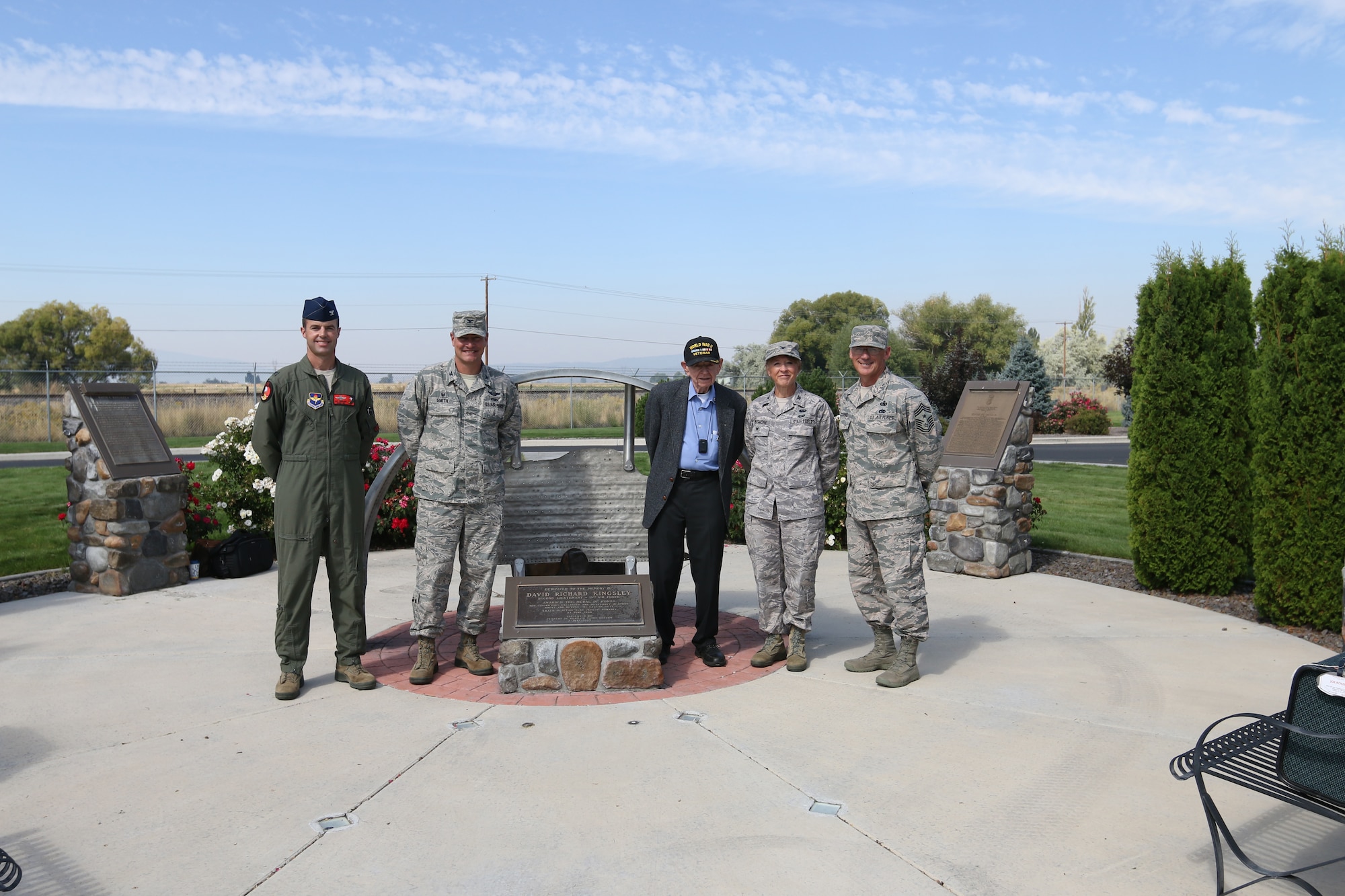 Mr. Joe Rolison, World War II veteran and husband to Lt. David R. Kingsley’s late sister Phyllis, visited the 173rd Fighter Wing and stands with from left operations group commander Col. Jeff Edwards, 173rd Fighter Wing commander Col. Jeff Smith, vice commander Col. Donna Prigmore, and Command Chief Master Sgt. Mark McDaniel. Rolison visited the base to share his stories and a number of historic items of Kingsley’s, including his journal kept during WWII. (U.S. Air National Guard photo by Tech. Sgt. Jefferson Thompson/released)