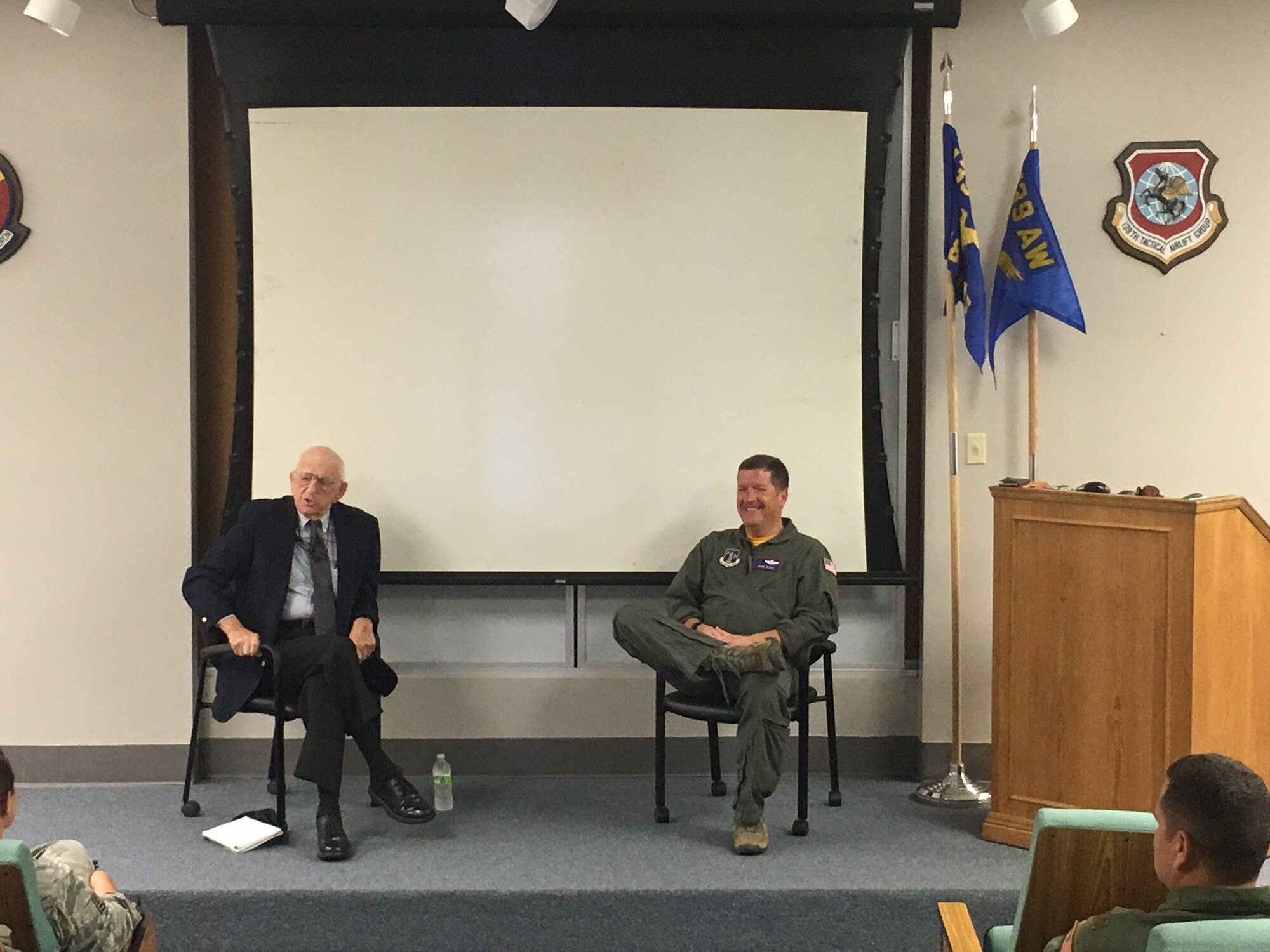 Lt. Col. Dale H. Hueske (retired), a Nebraska native and Korean War veteran, spoke to Airmen of the 139th Operations Group Sept. 10, 2016 at Rosecrans Air National Guard Base in St. Joseph, Mo. (Courtesy photo)