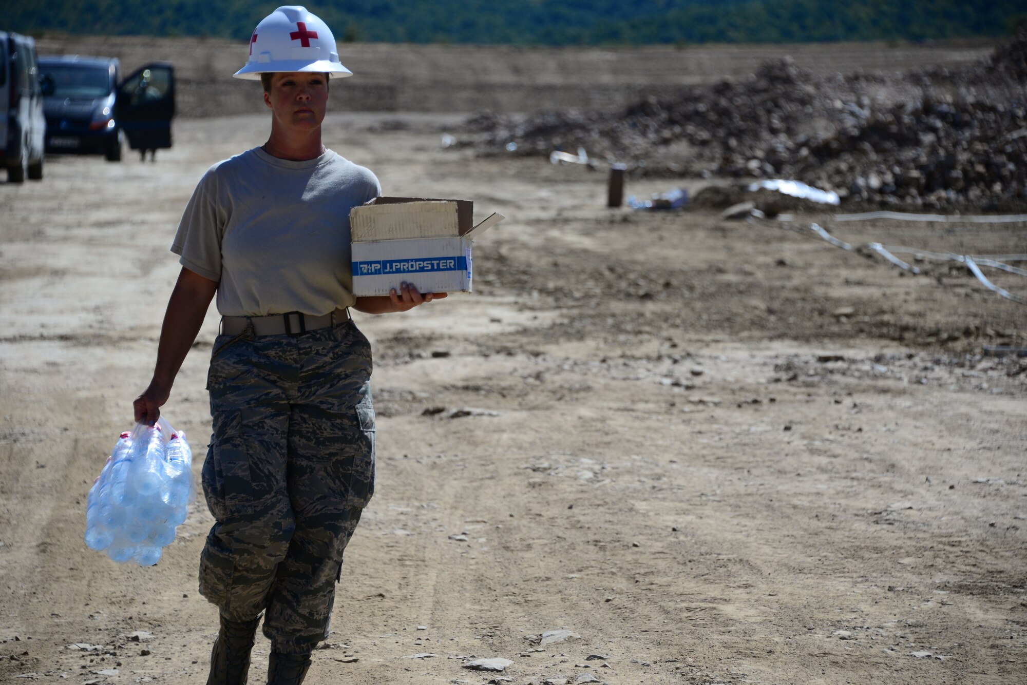 Master Sgt. Rebecca Fraley, medic for the 118th Mission Support Group, Tennessee Air National Guard, construct lightening protection grid work for the Ammo Holding Area, better known as the AHA, Aug. 16, 2016, at Novo Selo Training Area, Bulgaria.  Tennessee National Guard Soldiers and Airmen were on rotations to complete thier portions of projects as part of Operation Resolute Castle 16, an ongoing operation of military construction to build up Eastern European base infrastructure and help strengthen ties between Tennessee's state partnership with Bulgaria. (U.S. Air National Guard photo by Master Sgt. Kendra M. Owenby, 134 ARW Public Affairs)
