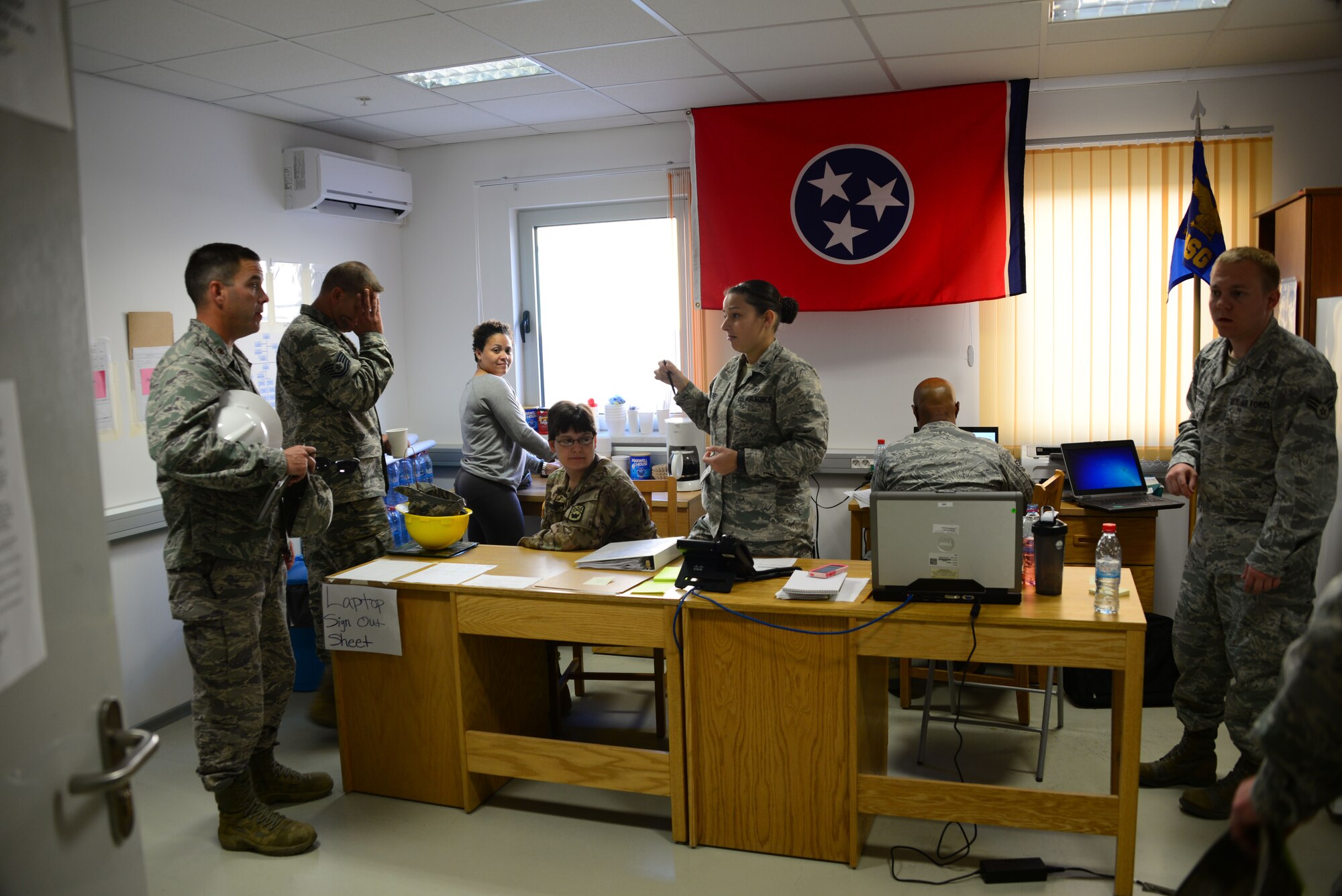 Airmen from the 118th Mission Support Group, Tennessee Air National Guard, maintain accountability for deployed troops from a temporary orderly room Aug. 10, 2016, at Novo Selo Training Area, Bulgaria.  Tennessee National Guard Soldiers and Airmen were on rotations to complete thier portions of projects as part of Operation Resolute Castle 16, an ongoing operation of military construction to build up Eastern European base infrastructure and help strengthen ties between Tennessee's state partnership with Bulgaria. (U.S. Air National Guard photo by Master Sgt. Kendra M. Owenby, 134 ARW Public Affairs)