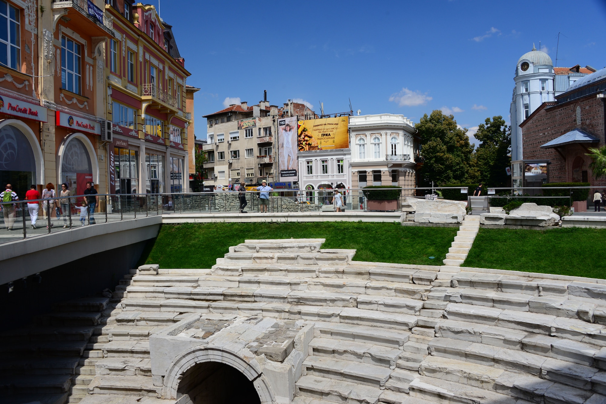 Ancient underground ruins mix with modern streets in Plovdiv, Bulgaria.  Tennessee National Guard Soldiers and Airmen enjoyed a Morale Wellness and Recreation visit to Plovdiv on Aug.13, 2016 while they were deployed to Novo Selo Training Area, Bulgaria to participate in Humanitarian Civic Assistance projects.    (U.S. Air National Guard photo by Master Sgt. Kendra M. Owenby, 134 ARW Public Affairs)