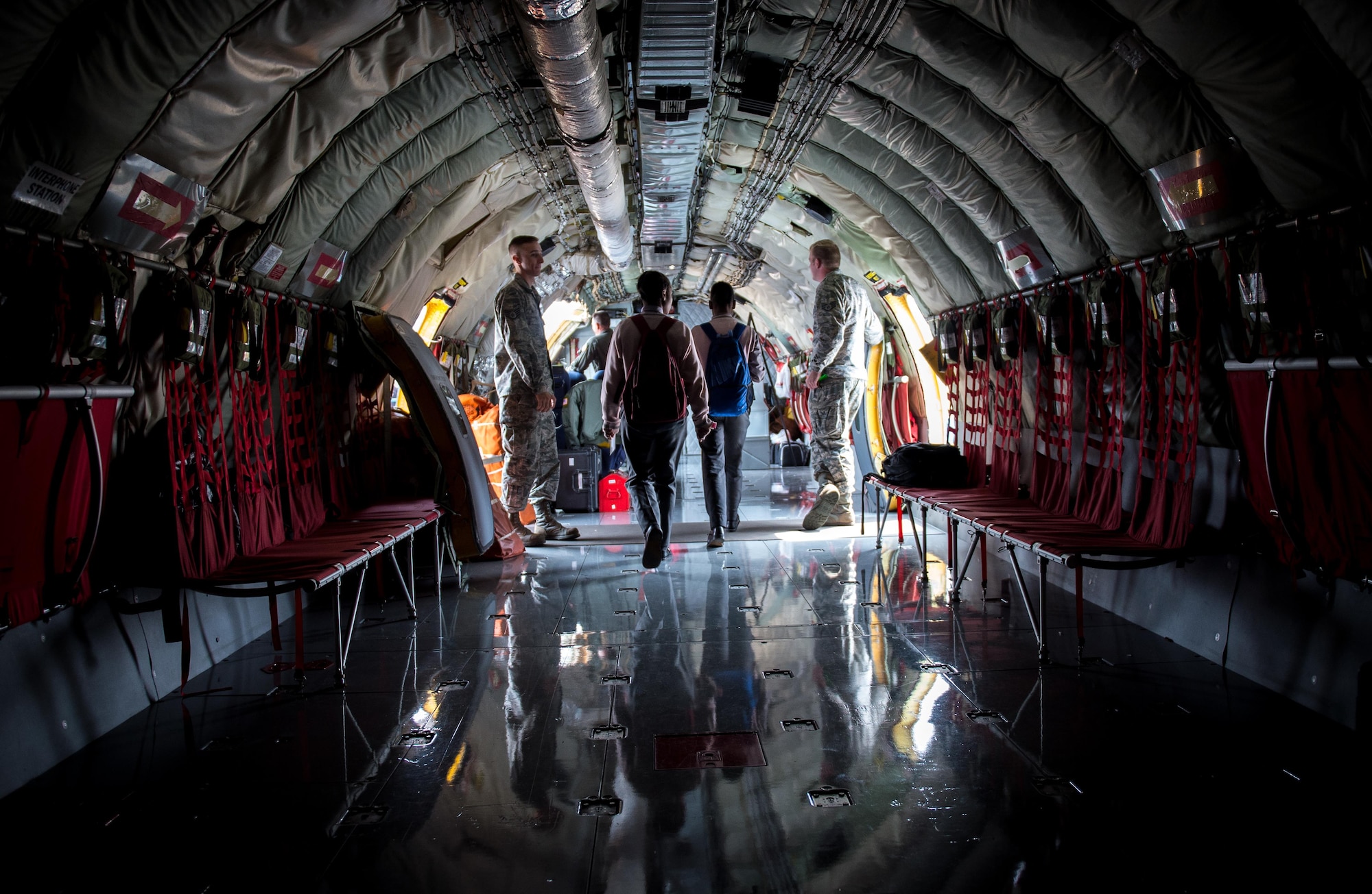 South African students tour a KC-135 Stratotanker from the 507th Air Refueling Wing, Tinker Air Force Base, Oklahoma, at the African Aerospace and Defense Expo at Waterkloof Air Force Base, South Africa, Sept. 14, 2016. The U.S. military is exhibiting a C-17 Globemaster III, a KC-135 Stratotanker, a C-130J Super Hercules, an HC-130 King, and an MQ-9 Reaper. The aircraft come from various Air National Guard and Air Force Reserve Command units. The U.S. routinely participates in events like AADE to strengthen partnerships with regional partners. (U.S. Air Force photo by Tech. Sgt. Ryan Crane)