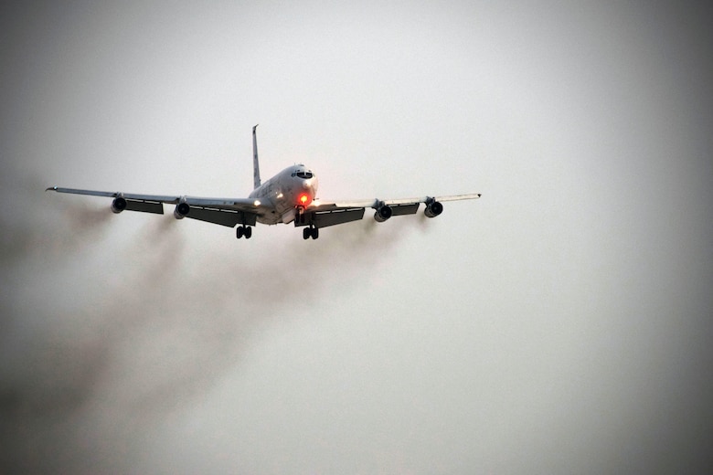 An E-8C Joint Surveillance Target Attack Radar System from the 7th Expeditionary Airborne Command and Control Squadron lands after a mission on Sept. 12, 2016, at Al Udeid Air Base, Qatar. TheE-8C JSTARS uses its communications and radar systems to support ground attack units and direct air support throughout the area of responsibility. (U.S. Air Force photo/Tech.Sgt. Carlos J. Trevio/Released)