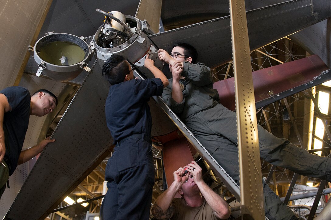 Sailors perform maintenance on a landing craft aboard the USS Wasp in the Mediterranean Sea, Sept 14, 2016. The Wasp is supporting security efforts in the U.S. 6th Fleet area of operations. Navy photo by Petty Officer 3rd Class Rawad Madanat