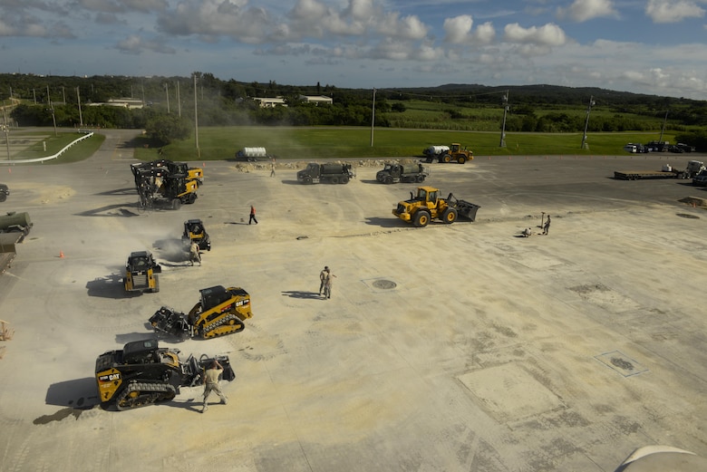 A joint team of U.S. Air Force Airmen from the Kadena, Yakota and Misawa civil engineer squadrons conduct exercise Resilient Shogun Sept. 15, 2016, at Kadena Air Base, Japan. Operations in Iraq, Afghanistan and other locations have highlighted a need for better methods to quickly and effectively establish or improve airfields. Craters, spalls, and other conditions that limit airfield use can create costly delays that aren't adequately resolved by old techniques. (U.S. Air Force photo by Senior Airman Stephen G. Eigel)