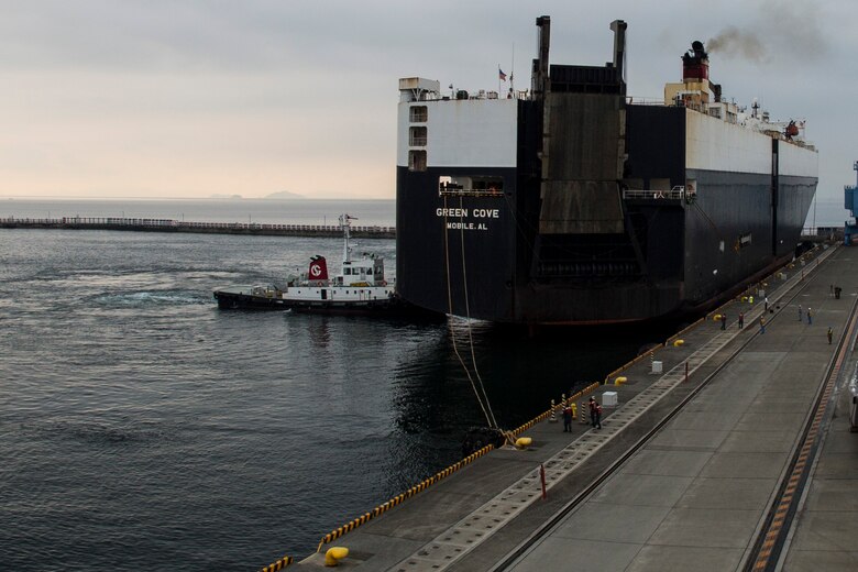 The Green Cove docks at the harbor at Marine Corps Air Station Iwakuni, Japan, Sept. 16, 2016. The Green Cove, a vehicle carrier, transported six aircraft approximately 6,000 miles from Naval Air Station North Island, San Diego, Calif. Delivering aircraft by boat is more cost effective than flying from the U.S. to Japan, and MCAS Iwakuni has both airport and seaport capabilities, which no other Marine Corps installation has. (U.S. Marine Corps photo by Lance Cpl. Aaron Henson)