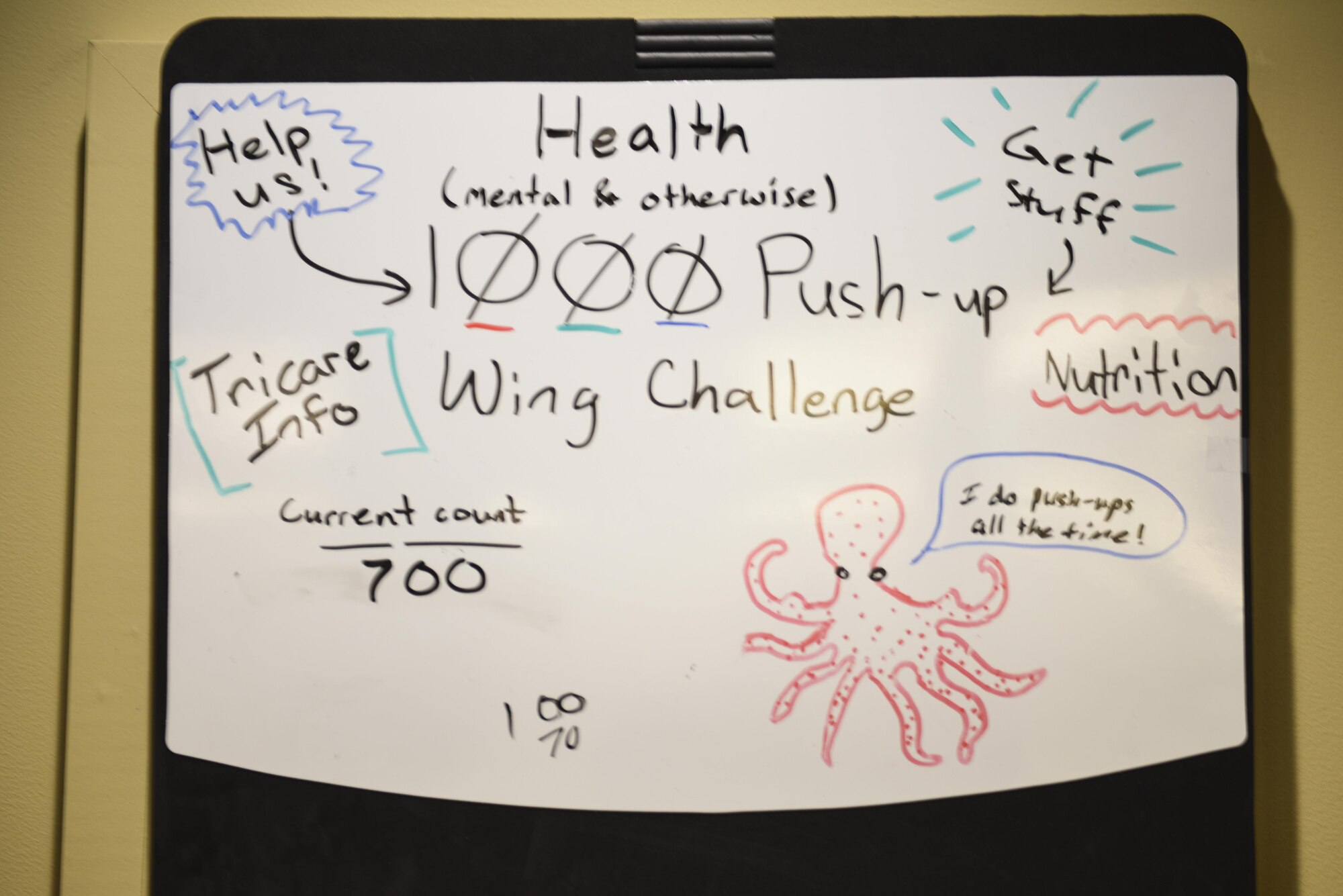 A graphic keeping count of how close to 1,000 pushups were completed during a pushup challenge was drawn at the Community Access Center at the Pittsburgh International Airport Air Reserve Station, Pa., September 10, 2016. The challenge was held to raise awareness for an overall healthy lifestyle. (U.S. Air Force photo by Staff Sgt. Allissa Landgraff)