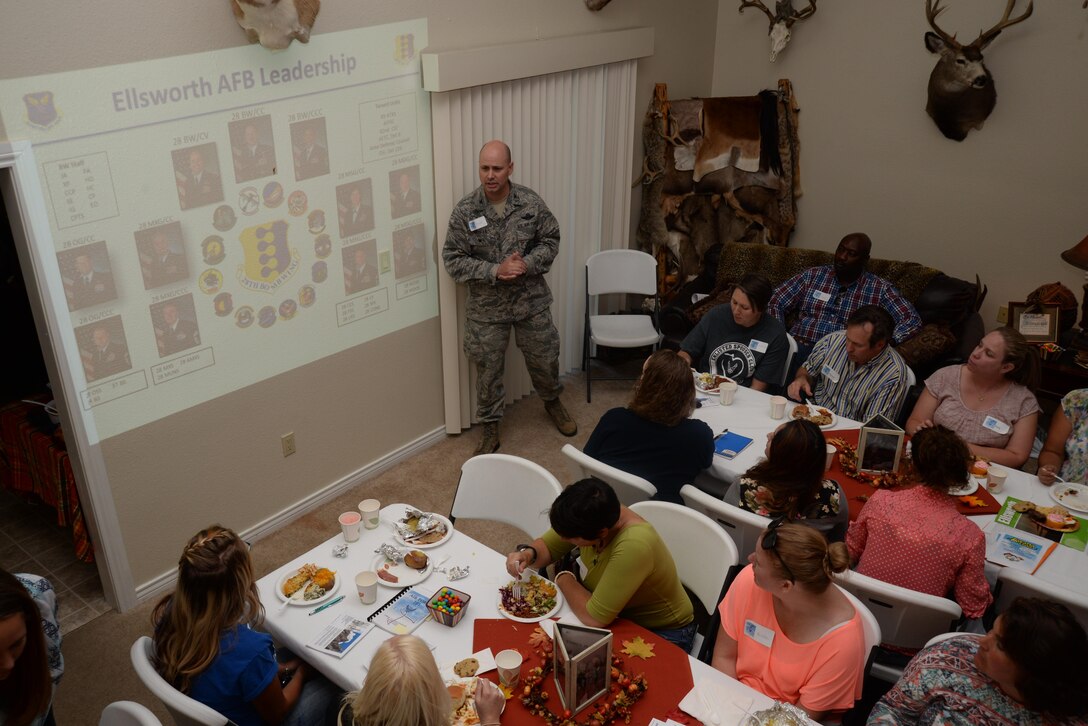 Col. Bradley Cochran, vice commander assigned to the 28th Bomb Wing, briefs military spouses during a quarterly Heart Link seminar at Ellsworth Air Force Base, S.D., Sept. 9, 2016. In addition to learning about wing leadership, spouses learned of different wing agencies and services they offer and received a briefing over the B-1 bomber mission at Ellsworth. (U.S. Air Force photo by Airman 1st Class Denise M. Jenson)