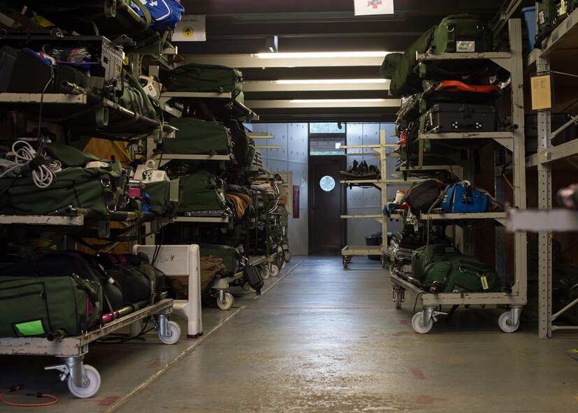 Carts hold litters and supplies at Ramstein Air Base, Germany, Sept. 9, 2016. Each team from the 10th Expeditionary Aeromedical Evacuation Flight has an individual set of equipment, to include medical supplies and monitors, they must check and maintain. (U.S. Air Force photo/Senior Airman Jimmie D. Pike)