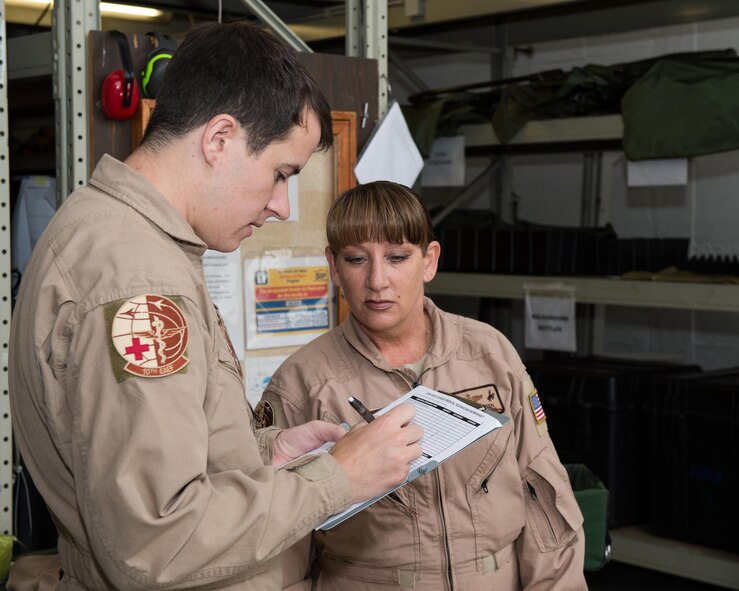 Staff Sgt. Jarrett Lyle, 10th Expeditionary Aeromedical Evacuation Flight technician, and Senior Master Sgt. Theresa Sheheen, 10th EAEF superintendent, review a checklist at Ramstein Air Base, Germany, Sept. 9, 2016. Before departing on a mission, Airmen from the 10th EAEF must read through multiple checklists to ensure supplies, equipment, and safety are accounted for. (U.S. Air Force photo/Senior Airman Jimmie D. Pike)