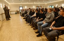 Brig. Gen. Richard G. Moore Jr., 86th Airlift Wing commander, speaks to a group of local national employees and 21 new apprentices who were hired through Ramstein’s recently revived apprenticeship program at Ramstein Air Base, Germany, Sept. 16, 2016. Ramstein’s Apprenticeship Program is designed to mimic the German vocational system and provide practical hands-on skills as well as classroom education for young adults. (U.S. Air Force photo/Tech. Sgt. Sara Keller)   