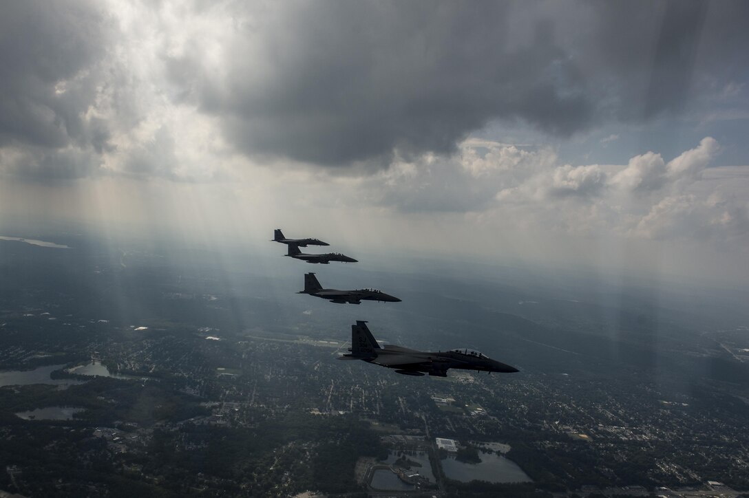 F-15E Strike Eagles assigned to the 334th Fighter Squadron at Seymour Johnson Air Force Base, N.C., fly over New York City, Sept. 10, 2016. The F-15's were flying over New York for the U.S. Open Championship woman's tennis final. (U.S. Air Force photo/Staff Sgt. Corey Hook)