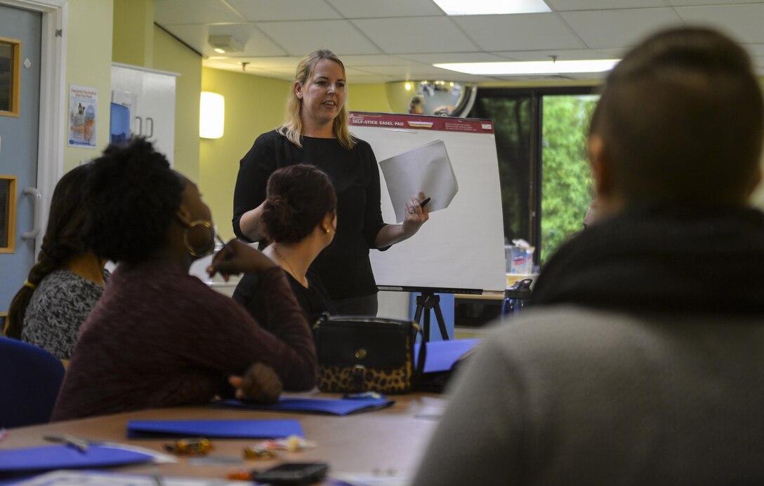 Christina Morris, RAF Mildenhall Child Development Center acting director, teaches a class during the 2016 Child and Youth Programs Training Conference for the U.K. Sept. 10, 2016, on RAF Mildenhall, England. Childcare providers from bases across the U.K. attended the event to receive training on a wide variety of subjects. (U.S. Air Force photo by Staff Sgt. Micaiah Anthony)