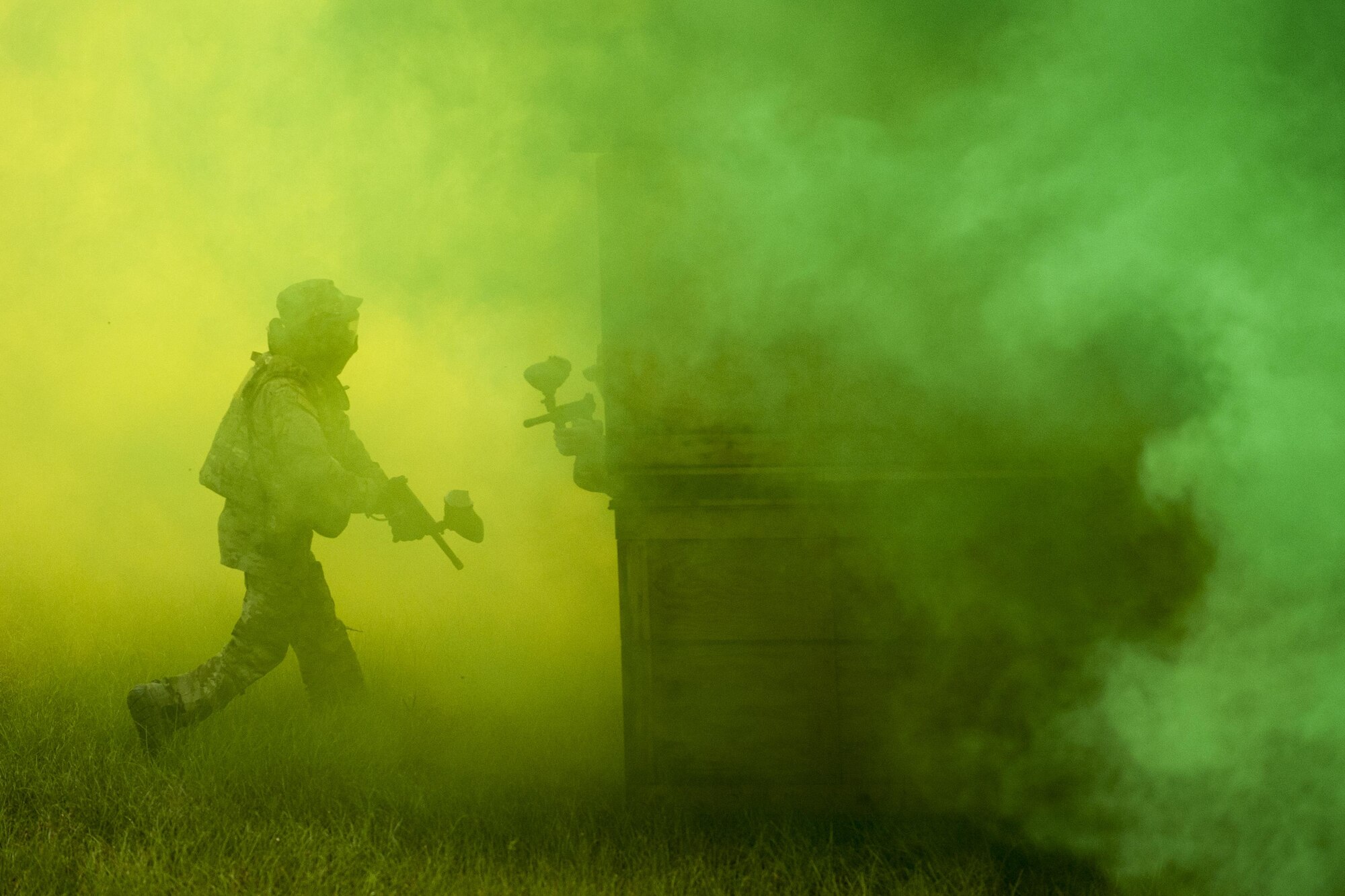 U.S. Air Force Tech. Sgt. Anthony Del Vecchio, 41st Rescue Squadron NCO in charge of weapons and tactics, runs for cover during combat survival training, Sept. 13, 2016, at Moody Air Force Base, Ga. The 347th Operations Support Squadron’s survival, evasion, resistance and escape specialists hosted the training for the first time at a newly built course, with a forested training area designed for aircrew members to increase their survivability in an isolated environment.  (U.S. Air Force photo by Airman 1st Class Daniel Snider)