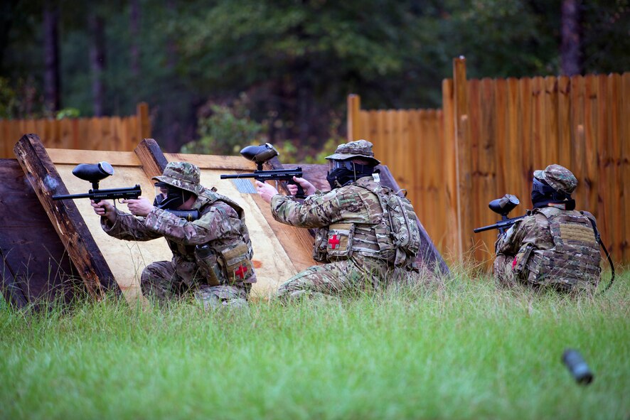 Aircrew Airmen prepare for opposing forces during combat survival training, Sept. 13, 2016, at Moody Air Force Base, Ga. The CST evaluates Airmen’s decision-making capabilities and fight-or-flight responses when facing simulated threats. (U.S. Air Force photo by Airman 1st Class Greg Nash)