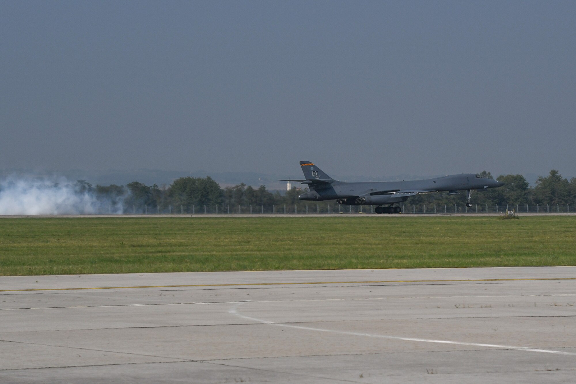 A B-1 Lancer, from the 7th Bomb Wing  lands at the Leos Janacek Airport, Ostrava in the Czech Republic on Sept. 13, 2016. The B-1 will be joined by a B-52 Stratofortress from the 307th Bomb Wing for the NATO Days Air Show Sept. 17-18. (U.S. Air Force photo by Master Sgt. Dachelle Melville/Released)