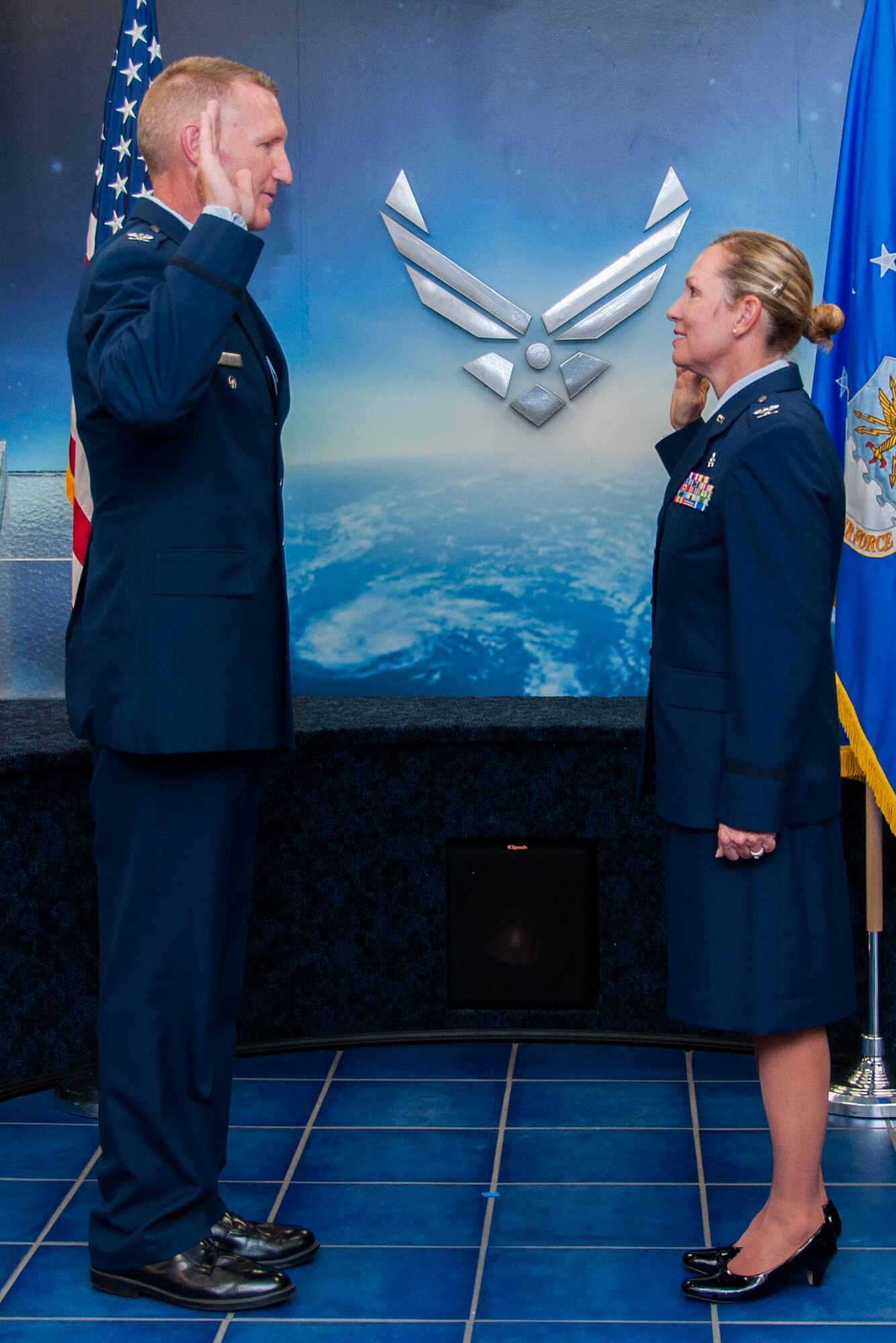 U.S. Air Force Col. Michael Tichenor, Air Force Global Strike Command, Inspector General administers the Oath of Office to Col. Susan Geer during her promotion ceremony, September 10, 2016, Barksdale Air Force Base, La. Geer served as Chief Nurse for the 307th Bomb Wing Medical Squadron. (U.S. Air Force photo by Master Sgt. Laura Siebert/Released)