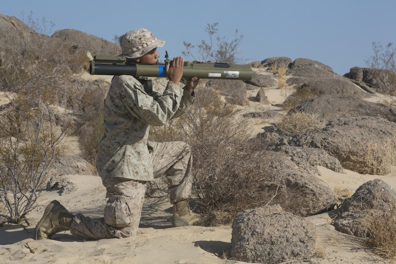 Pfc. David Tangitan, rifleman, Company A, 3rd Light Armored Reconnaissance Battalion, runs a drill with an simulated M72 Light Anti-Tank Weapon during on Range 100 aboard Marine Corps Air Ground Combat Center, Twentynine Palms, Calif., Sept 8, 2016. During the training, the Marines practiced a variety of exercises to include patrolling, land navigation as well as planting and locating improvised explosive devices. (Official Marine Corps photo by Cpl. Thomas Mudd/Released)