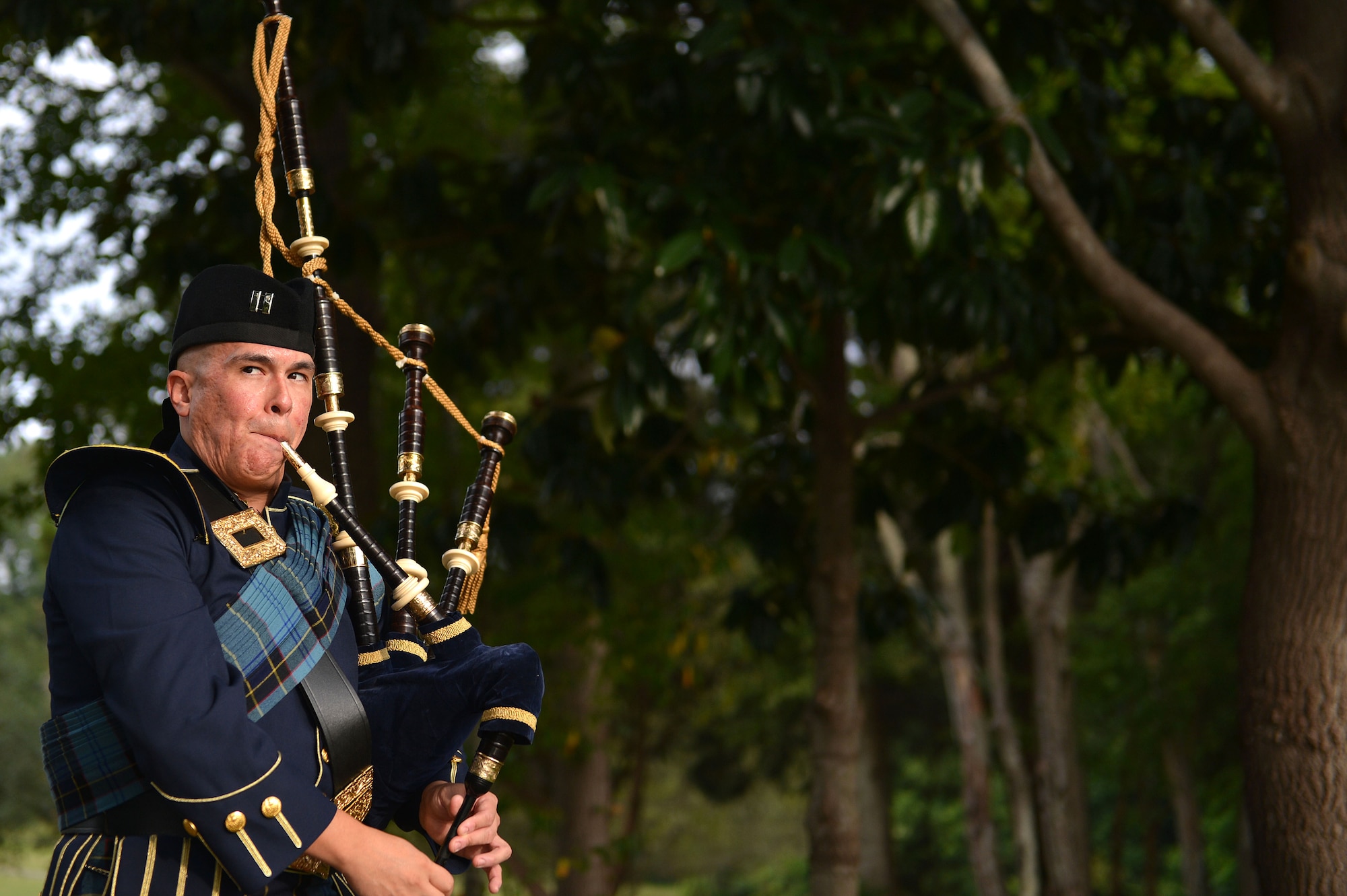 U.S. Air Force Capt. Edward Anthony Tabbutt, 609th Air Operations Squadron space duty officer, plays the bagpipes during a National POW/MIA Recognition ceremony at Shaw Air Force Base, S.C., Sept. 16, 2016. Tabbutt played a bagpipe rendition of “Amazing Grace” during the ceremony. (U.S. Air Force photo by Airman 1st Class Christopher Maldonado)