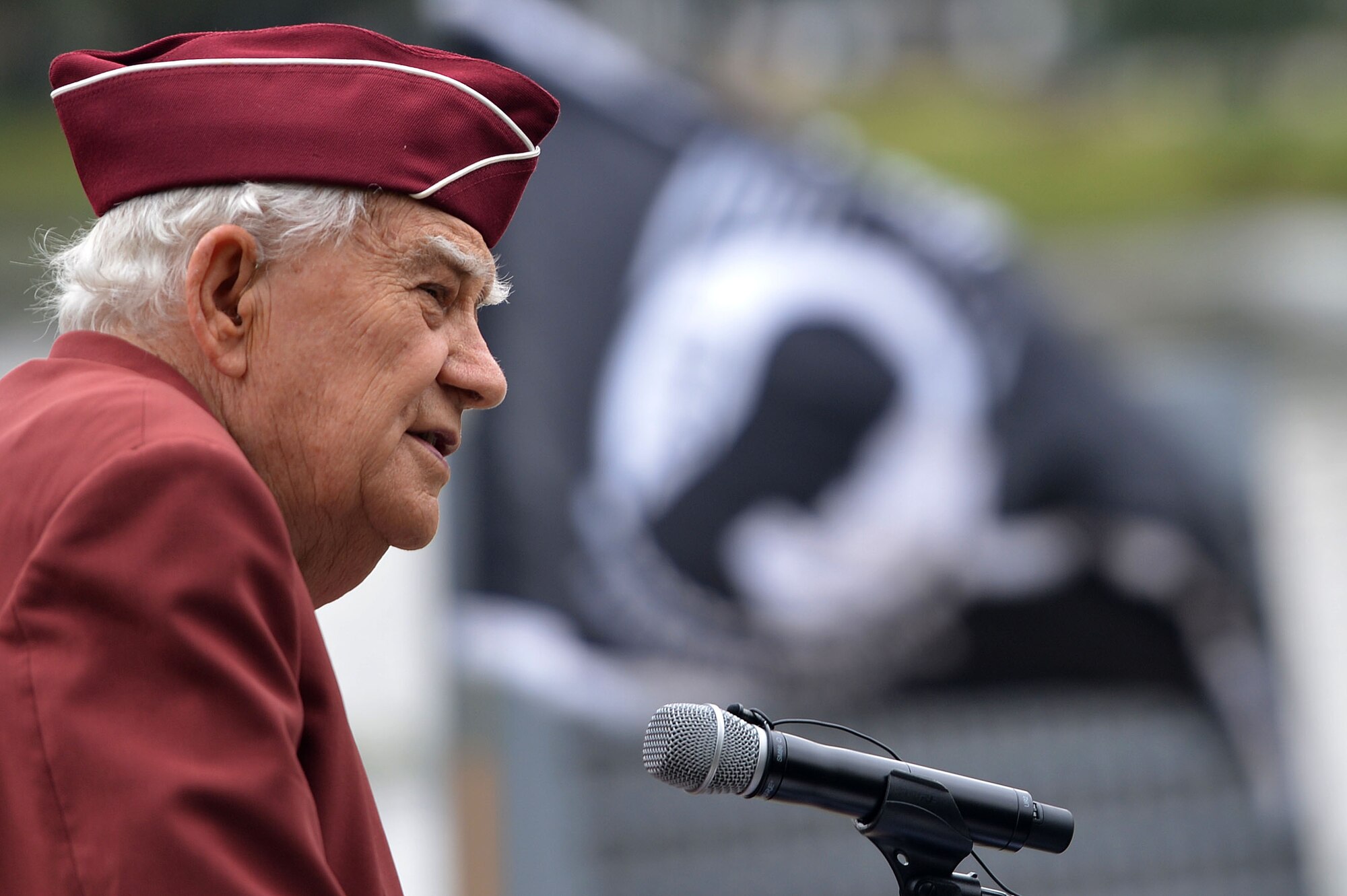 William Pebley, a former World War II prisoner of war, speaks to service members and civilians during a National POW/MIA Recognition Day ceremony at Shaw Air Force Base, S.C., Sept. 16, 2016. Pebley is the American Ex-Prisoners of War state commander and has helped more than 100 POW/MIAs and their families receive benefits. (U.S. Air Force photo by Airman 1st Class Christopher Maldonado) 