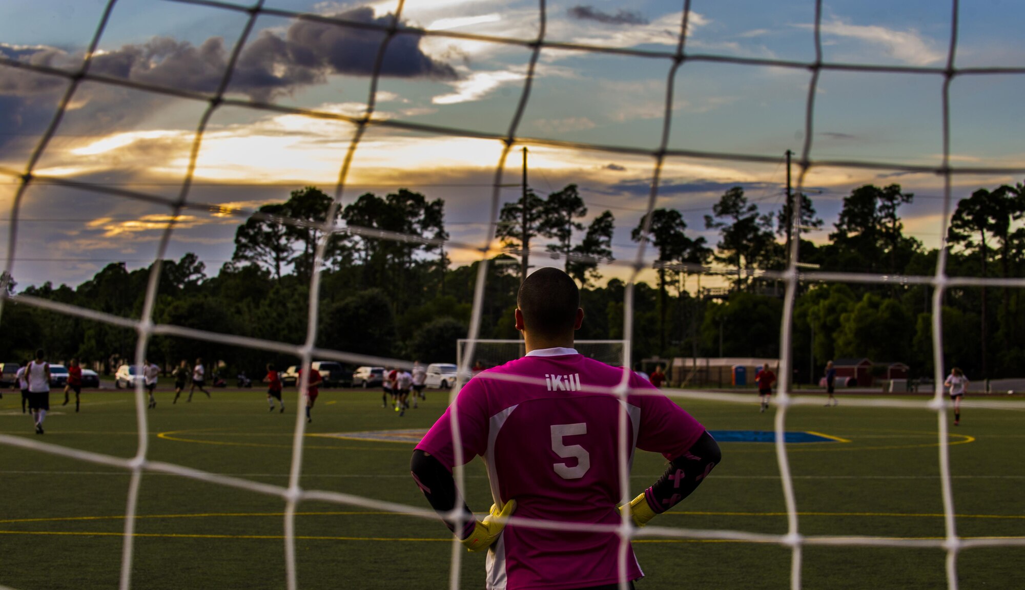 Nathan Wemhoff, a member of the 1st Special Operations Medical Group intramural soccer team, defends the goal against the 319th Special Operations Squadron during the 2016 Intramural Soccer Championship game at Hurlburt Field, Fla. Sept. 13 2016. The 1st SOMDG defeated the 319th SOS in a double-elimination match with a final score of 2-0. (U.S. Air Force photo by Airman 1st Class Isaac O. Guest IV)
