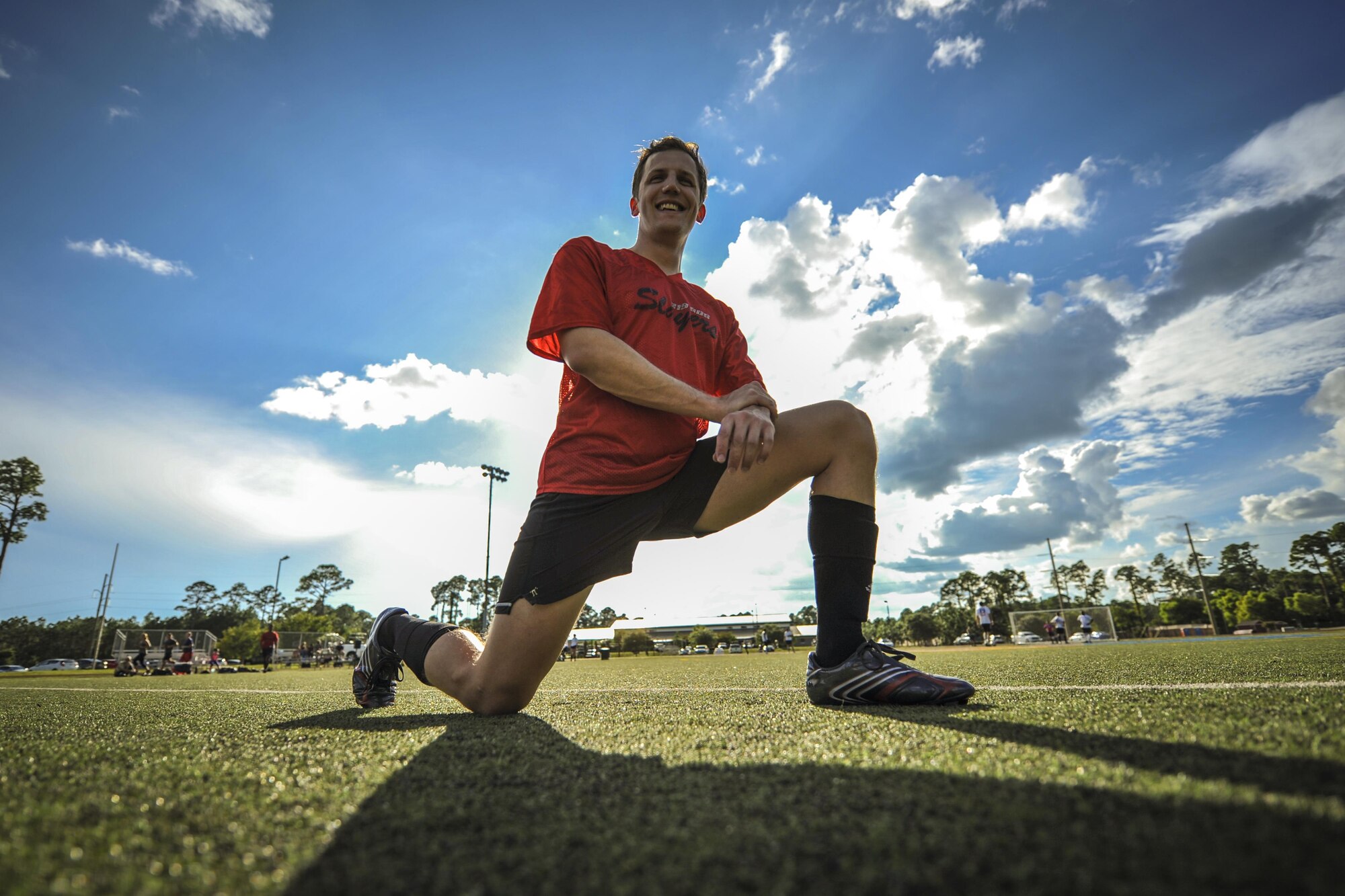 Steve Strube, a member of the 319th Special Operations Squadron’s intramural soccer team, stretches before the 2016 Intramural Soccer Championship at Hurlburt Field, Fla., Sept. 13, 2016. The 319th SOS was undefeated all season until the 1st Special Operations Medical Group defeated them in a double elimination match-up. (U.S. Air Force photo by Airman 1st Class Joseph Pick)
