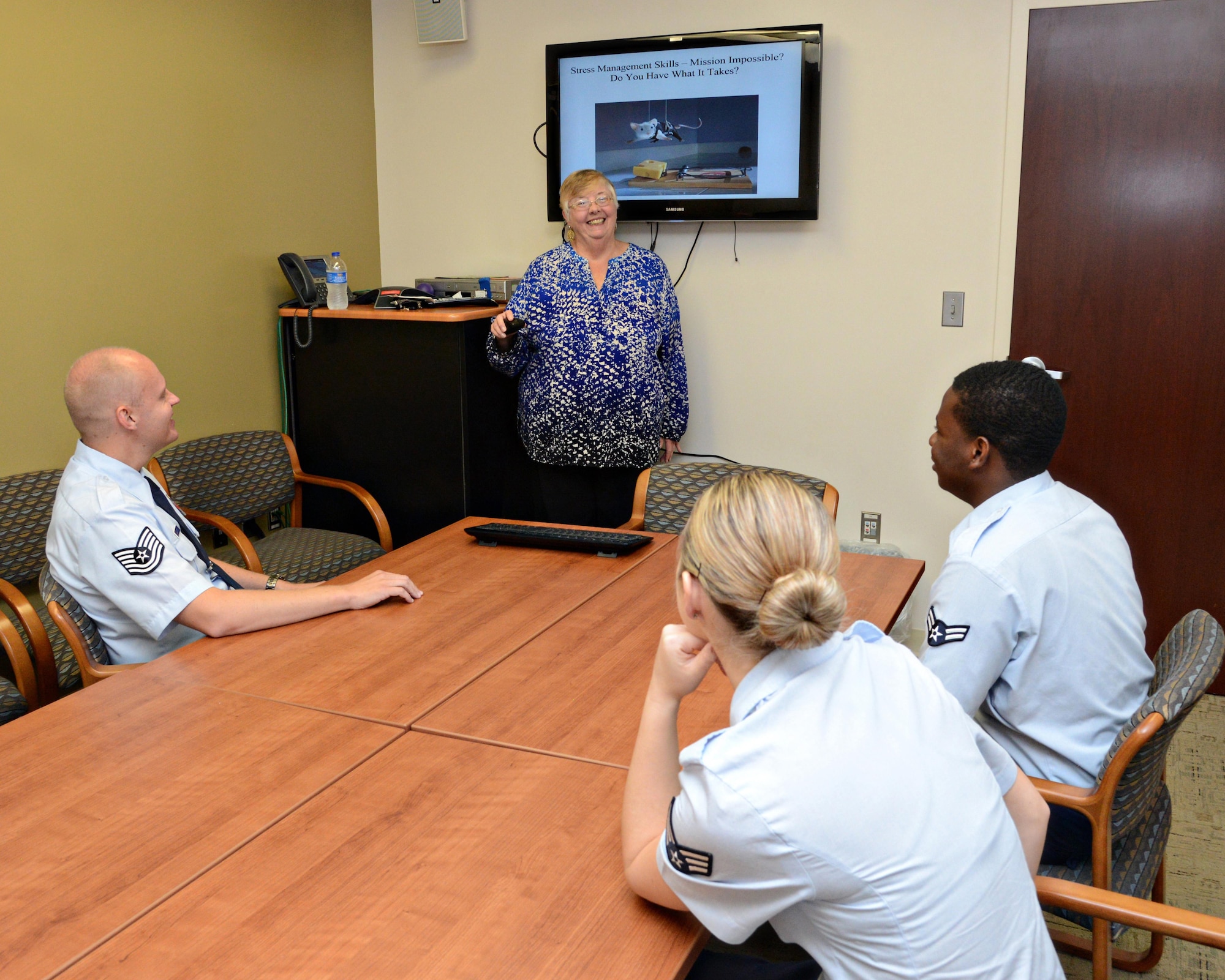 Joyce Atlee, a family advocacy outreach manager with the 72nd Medical Group’s Family Advocacy Outreach, discusses methods and techniques to handle stress in a positive way during a Healthy Thinking, Anger, Stress, Self-Care (H.A.S.) Class. The four-session class is offered monthly to all on-base personnel. (Air Force photo by Kelly White)