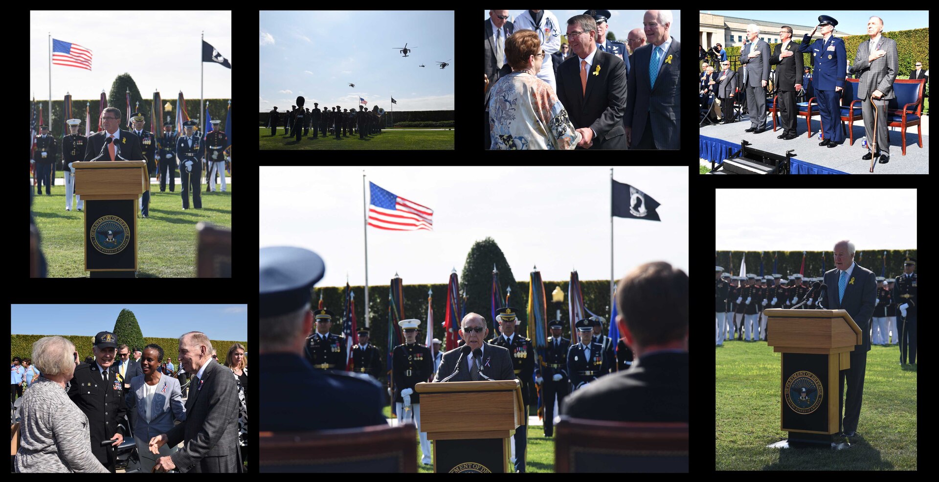 The annual National POW/MIA Recognition Day Ceremony was held at the Pentagon, Sept. 16, 2016.  The day, which is observed the third Friday of September, is held to remember and honor service members who were prisoners of war or are still considered missing in action.  Speakers at the ceremony included the Secretary of Defense, the Honorable Ash Carter; the Vice Chairman of the Joint Chiefs of Staff, Gen. Paul Selva; former Vietnam prisoner of war, Capt. Gerald "Jerry" Coffee; and U.S. Senator John Cornyn.  The Defense POW/MIA Accounting Agency works tirelessly to provide the fullest possible accounting for our missing personnel to their families and the nation, and to Fulfill Our Nation's Promise. 
Photo by Staff Sgt. Kristen Duus, DPAA PAO 