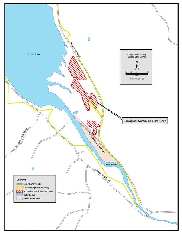 Ecological burns near Dorena Reservoir will take place on 28 acres of land north of Bake Stewart Park, east of the Row River and west of Row River Road. See map for specific areas.