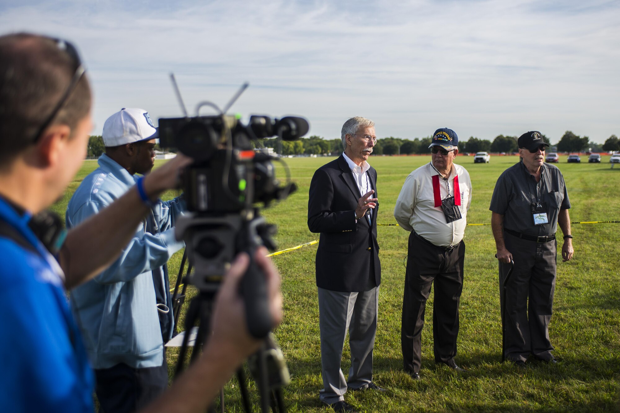 Veterans of the 20th Special Operations Squadron speak with media before the start of the Green Hornet Dedication ceremony at the National Museum of the United States Air Force near Wright-Patterson Air Force Base, Ohio, Sept. 15, 2016. The museum formally dedicated an exhibit and diorama depicting their rescue mission in Vietnam on Nov. 26, 1968. (U.S. Air Force photo by Senior Airman Luke Kitterman/Released)