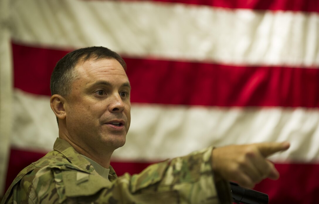 Col. Steven Breeze, vice commander of the 1st Special Operations Wing, speaks during the 69th Air Force birthday celebration at Hurlburt Field, Fla., Sept. 16, 2016. President Harry Truman signed the National Security Act Sept. 18, 1947, signaling the creation of the U.S. Air Force as an independent service. (U.S. Air Force photo by Airman 1st Class Isaac O. Guest IV)
