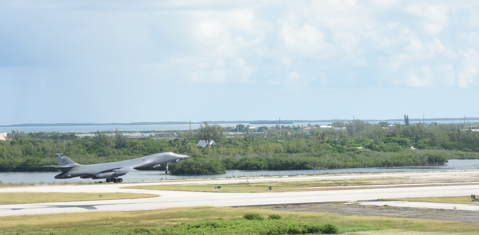 A B-1B Lancer from Dyess takes off from Boca Chica Field at Naval Air Station Key West, Fla., August 23, 2016. The Bomber was supporting the Joint Interagency Task Force South’s mission of detection and monitoring of illicit trafficking from Latin America. During this particular mission, 3,021 kilos of drugs were confiscated, totaling $95.2 million in just five days. (U.S. Navy Photo by Mass Communication Specialist 2nd Class Cody R. Babin)