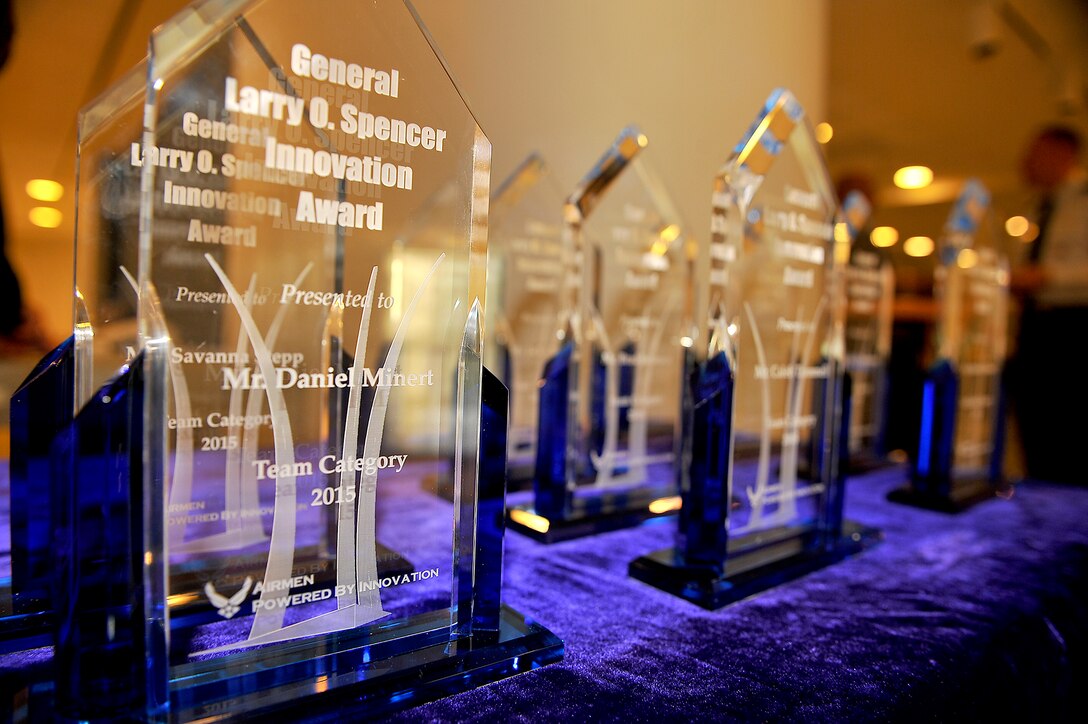 The trophies to accompany the Gen. Larry O. Spencer Innovation Award await presentation by Air Force Secretary Deborah Lee James during a Pentagon ceremony Sept. 16, 2016. The recipients included Master Sgt. Matthew Galinisky and the Electro-Chemical Milling team from Hill Air Force Base, Utah, which is comprised of Trevor Foust, Brad Johnson, Daniel Minert, Jack Olsen, Steven Roskelley, Savanna J. Stepp, Trent Tholen, Erik Thompson, and Caleb Trammell. (U.S. Air Force photo/Tech. Sgt. Anthony Nelson Jr.)