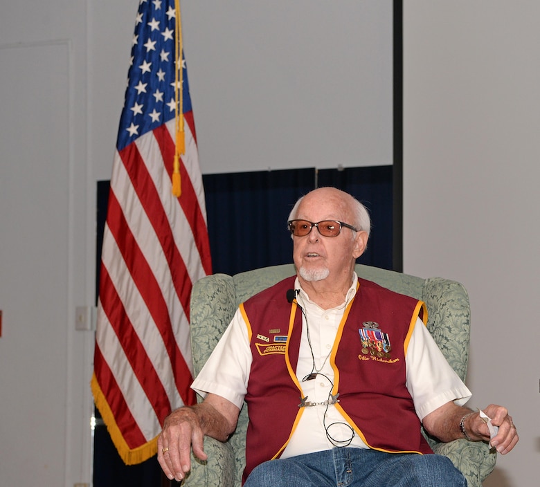 Obie Wickersham, a World War II veteran and Korean War POW, addresses the audience during the POW/MIA ceremonial breakfast Sept. 15, 2016, at Beale Air Force Base, California. He talked about his experience being held captive by Chinese forces for 28 months after his platoon was overrun. (U.S. Air Force photo/Airman Tristan D. Viglianco)