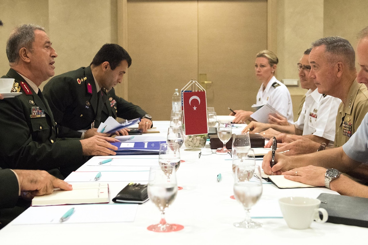 Marine Corps Gen. Joe Dunford, the chairman of the Joint Chiefs of Staff, meets with Turkey's chief of the General Staff, Gen. Hulusi Akar, in Split, Croatia, Sept. 16, 2016. The military leaders, who met ahead of a NATO Military Committee conference, discussed the way forward in the fight against the Islamic State of Iraq and the Levant. Dunford also "recommitted to the close military-to-military and strategic relationship the U.S. has with Turkey," his spokesman said. DoD photo by D. Myles Cullen
