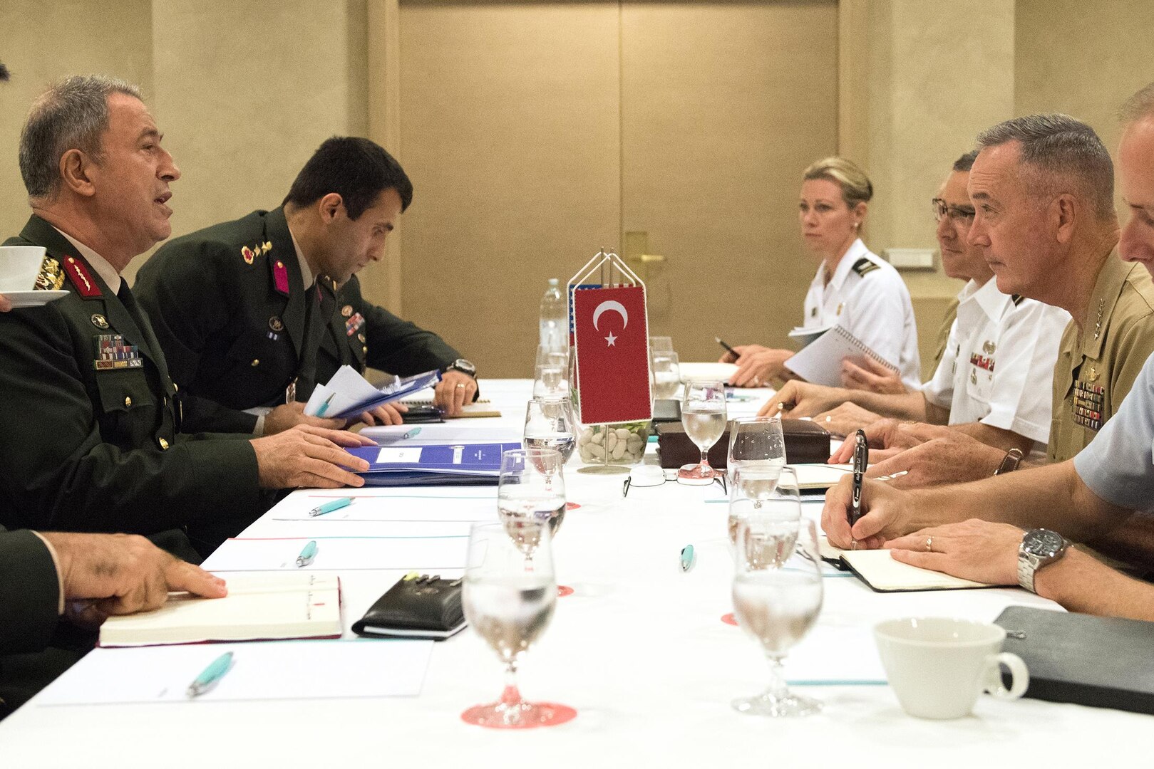 Marine Corps Gen. Joe Dunford, the chairman of the Joint Chiefs of Staff, meets with Turkey's chief of the General Staff, Gen. Hulusi Akar, in Split, Croatia, Sept. 16, 2016. The military leaders, who met ahead of a NATO Military Committee conference, discussed the way forward in the fight against the Islamic State of Iraq and the Levant. Dunford also "recommitted to the close military-to-military and strategic relationship the U.S. has with Turkey," his spokesman said. DoD photo by D. Myles Cullen