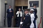 Secretary of Defense Ash Carter and Japanese Minister of Defense Tomomi Inada observe the national anthem  at the Pentagon, Sep. 15, 2016. 