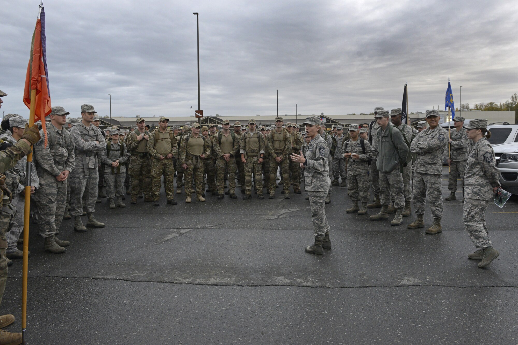 The 673d Medical Group hosted a POW/MIA ruck march at Joint Base Elmendorf-Richardson, Alaska, Sept. 16, 2016. More than 200 personnel including Airmen, Soldiers and Royal Canadian Air Force members, marched a total of five miles carrying 20 lbs. of canned food to deliver and donate to the Alaska Fisher House.
