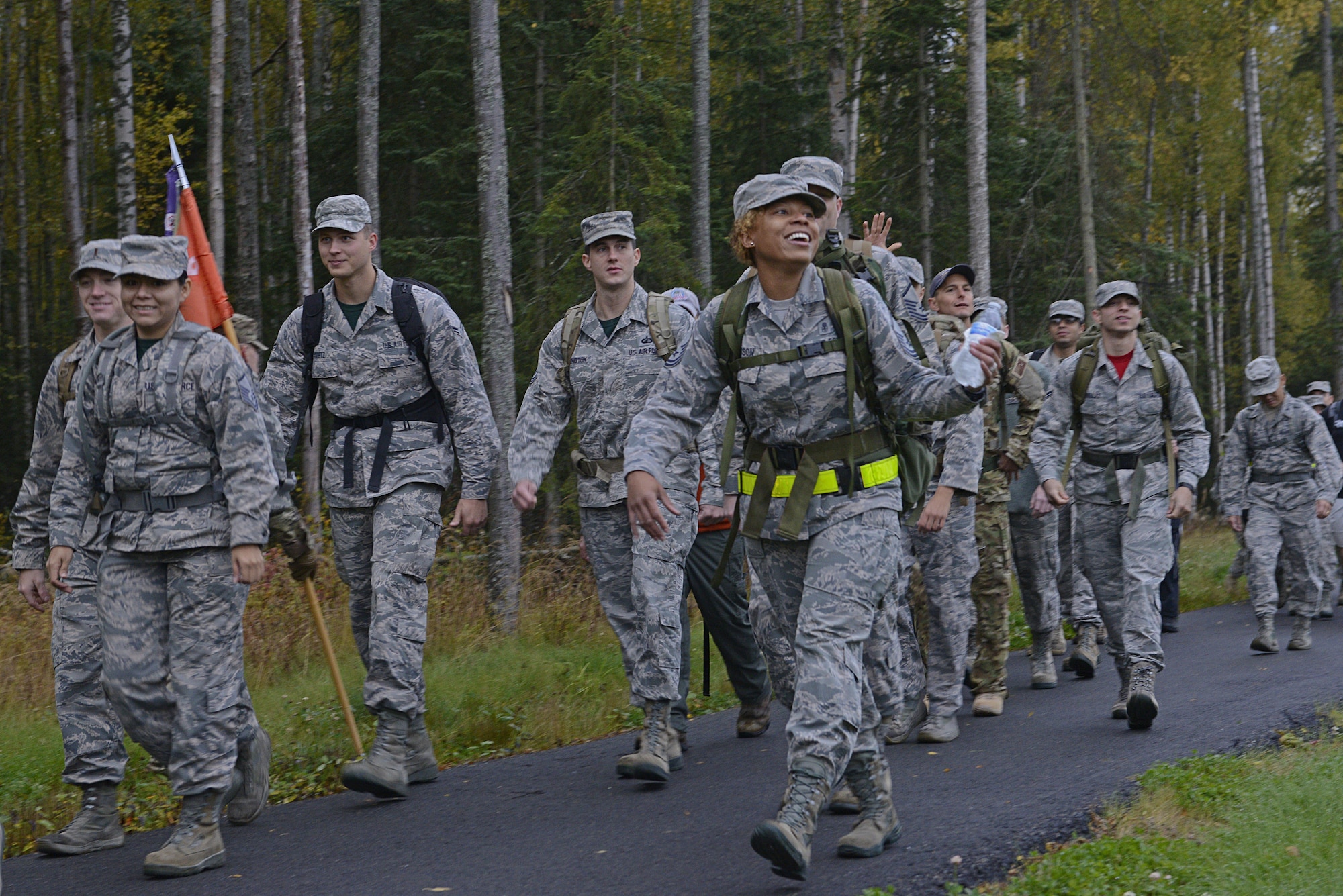 The 673d Medical Group hosted a POW/MIA ruck march at Joint Base Elmendorf-Richardson, Alaska, Sept. 16, 2016. More than 200 personnel including Airmen, Soldiers and Royal Canadian Air Force members, marched a total of five miles carrying 20 lbs. of canned food to deliver and donate to the Alaska Fisher House.
