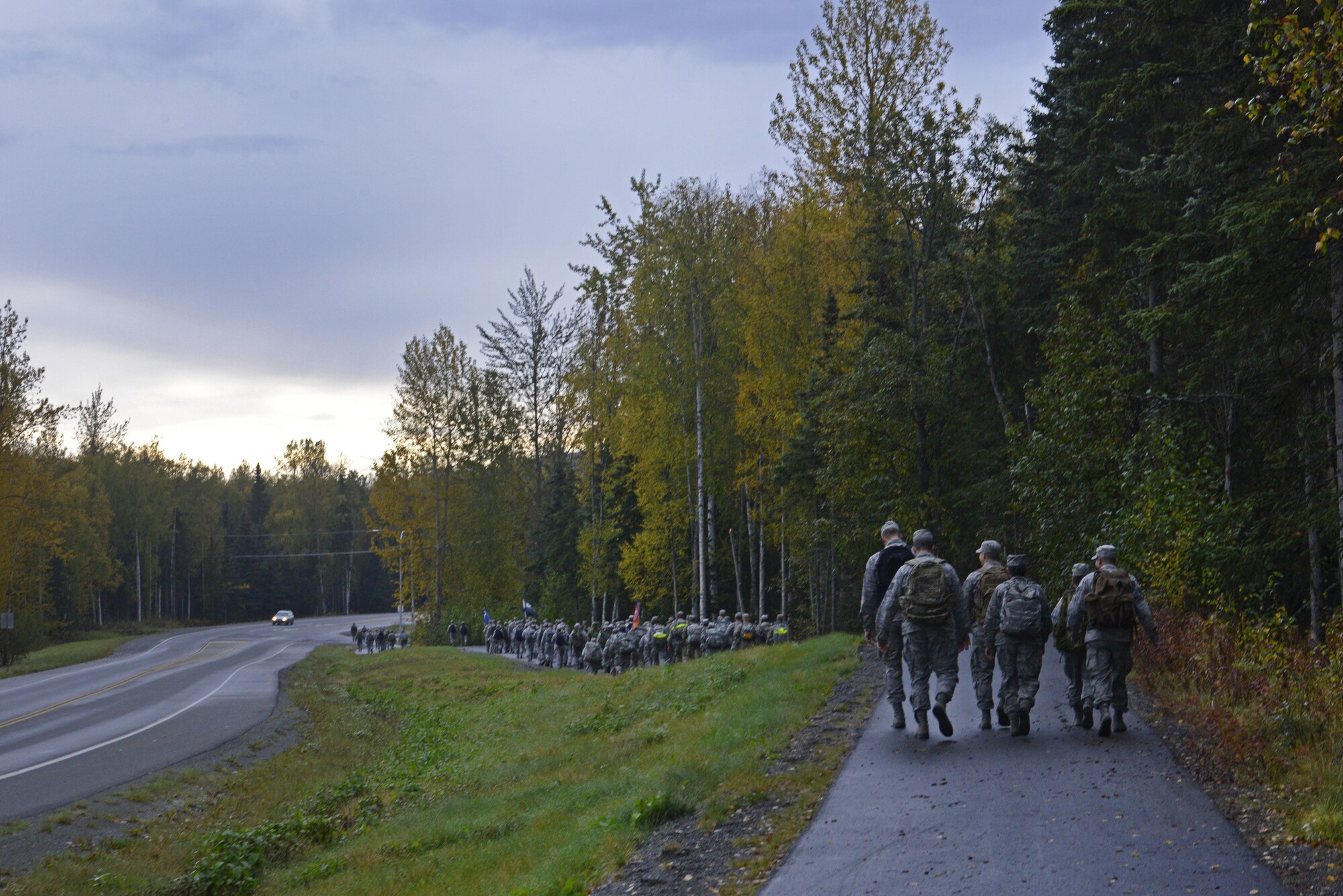 The 673d Medical Group hosted a POW/MIA ruck march at Joint Base Elmendorf-Richardson, Alaska, Sept. 16, 2016. More than 200 personnel including Airmen, Soldiers and Royal Canadian Air Force members, marched a total of five miles carrying 20 lbs. of canned food to deliver and donate to the Alaska Fisher House.